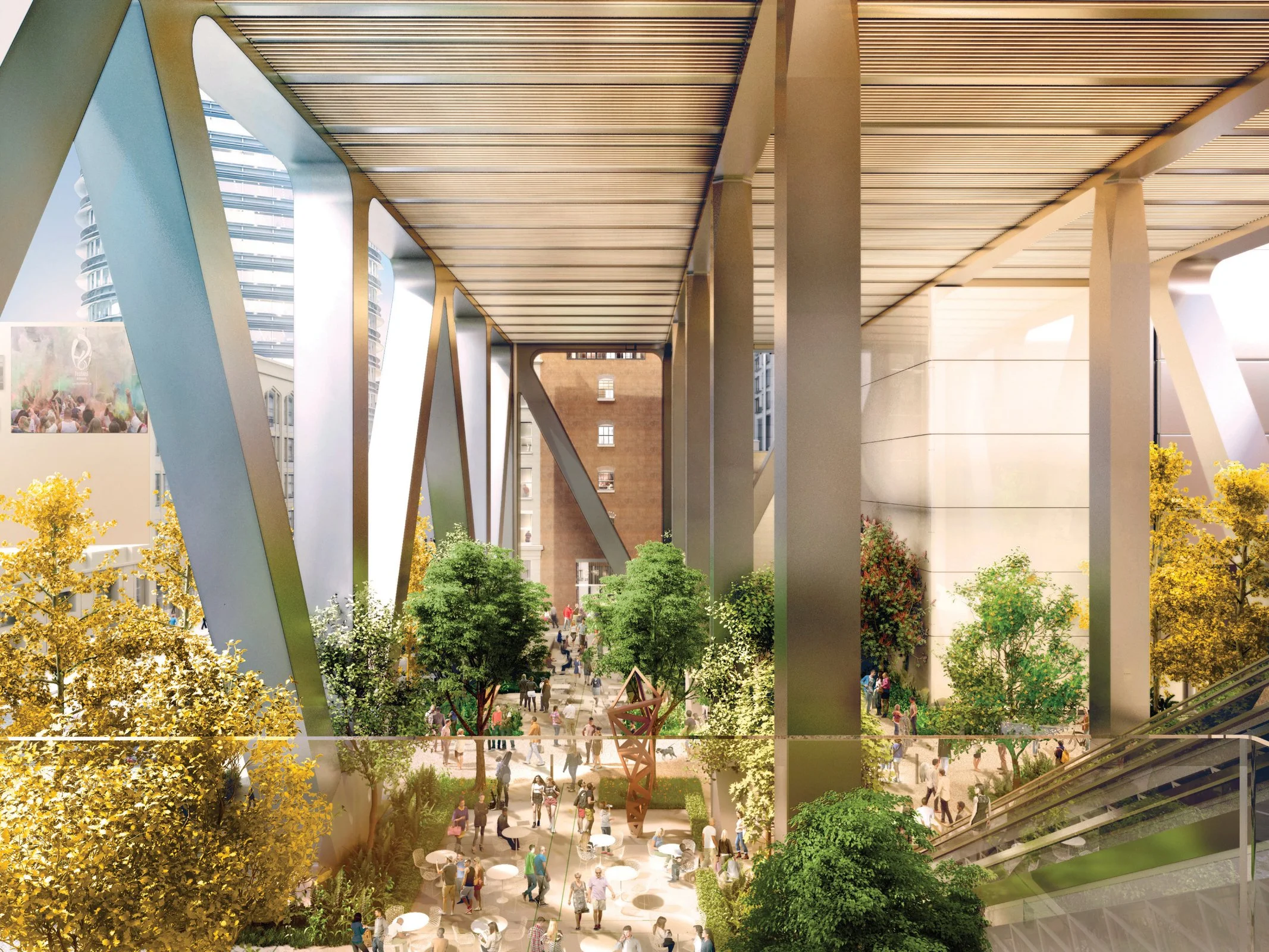 A futuristic outdoor courtyard with large steel columns, green trees, and people walking and sitting at tables, under a wooden ceiling with exterior city buildings visible in the background.