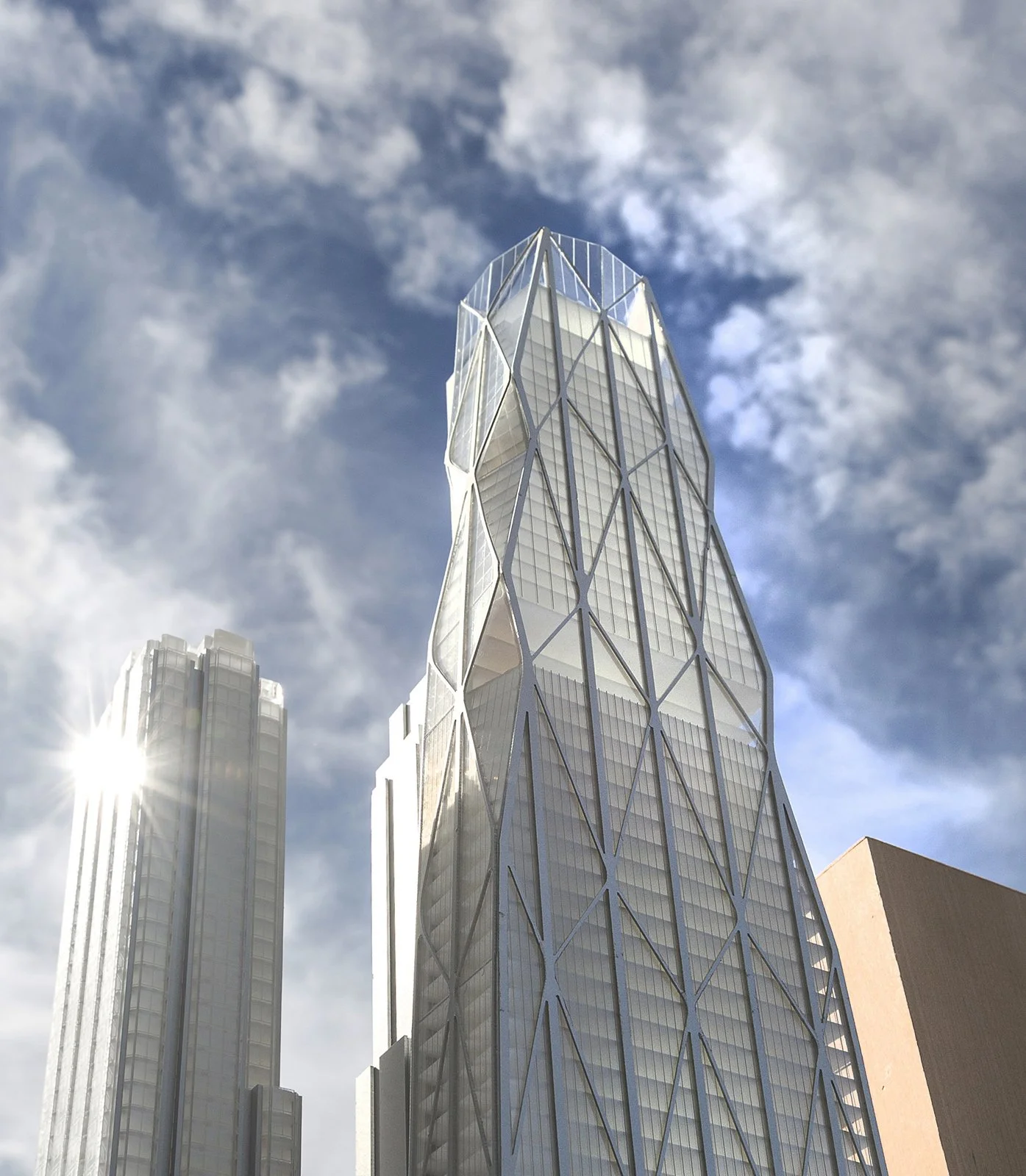 A tall modern skyscraper with a unique geometric glass facade against a blue sky with clouds, sunlight reflecting off nearby buildings.