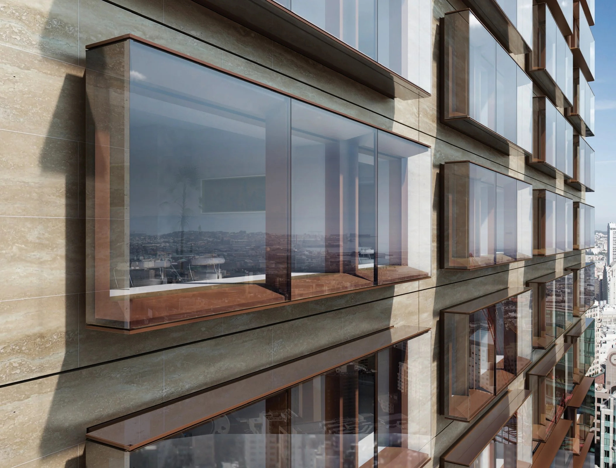 Close-up of a modern apartment building's exterior with large glass windows and balconies in an urban setting.