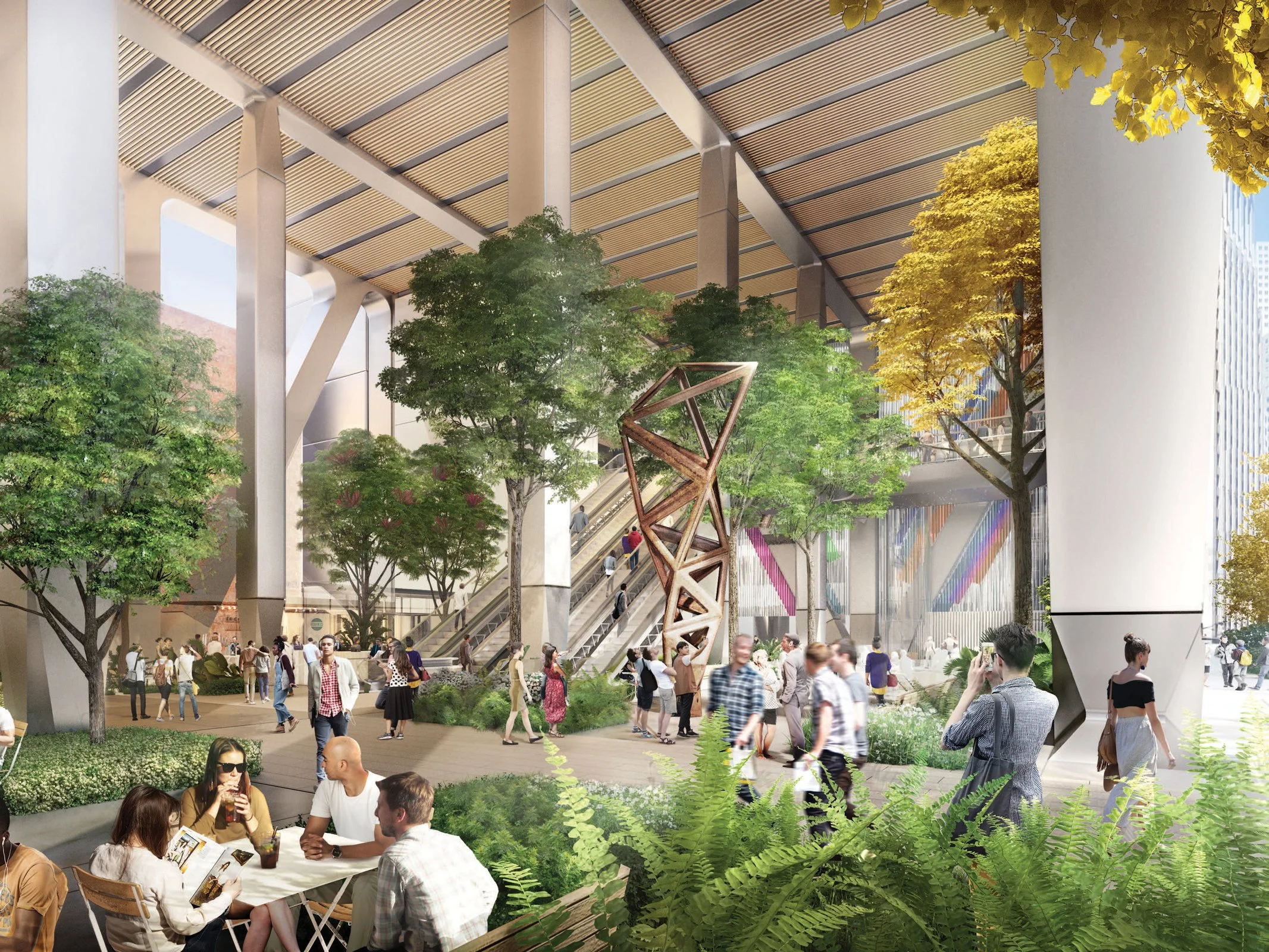 A modern urban public space with people walking, sitting, and taking photos, featuring large trees, a wooden sculpture, and an elevated building structure.