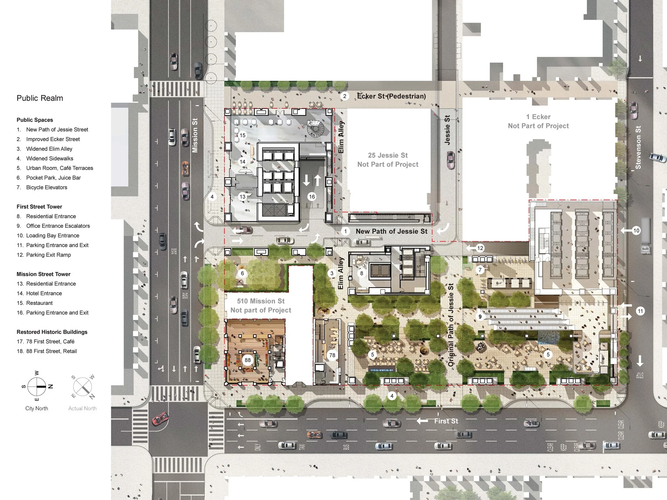 A detailed urban plan map of a city block, showing street layouts, buildings, parks, and designated areas for public spaces, including parking, pedestrian pathways, and historic buildings.