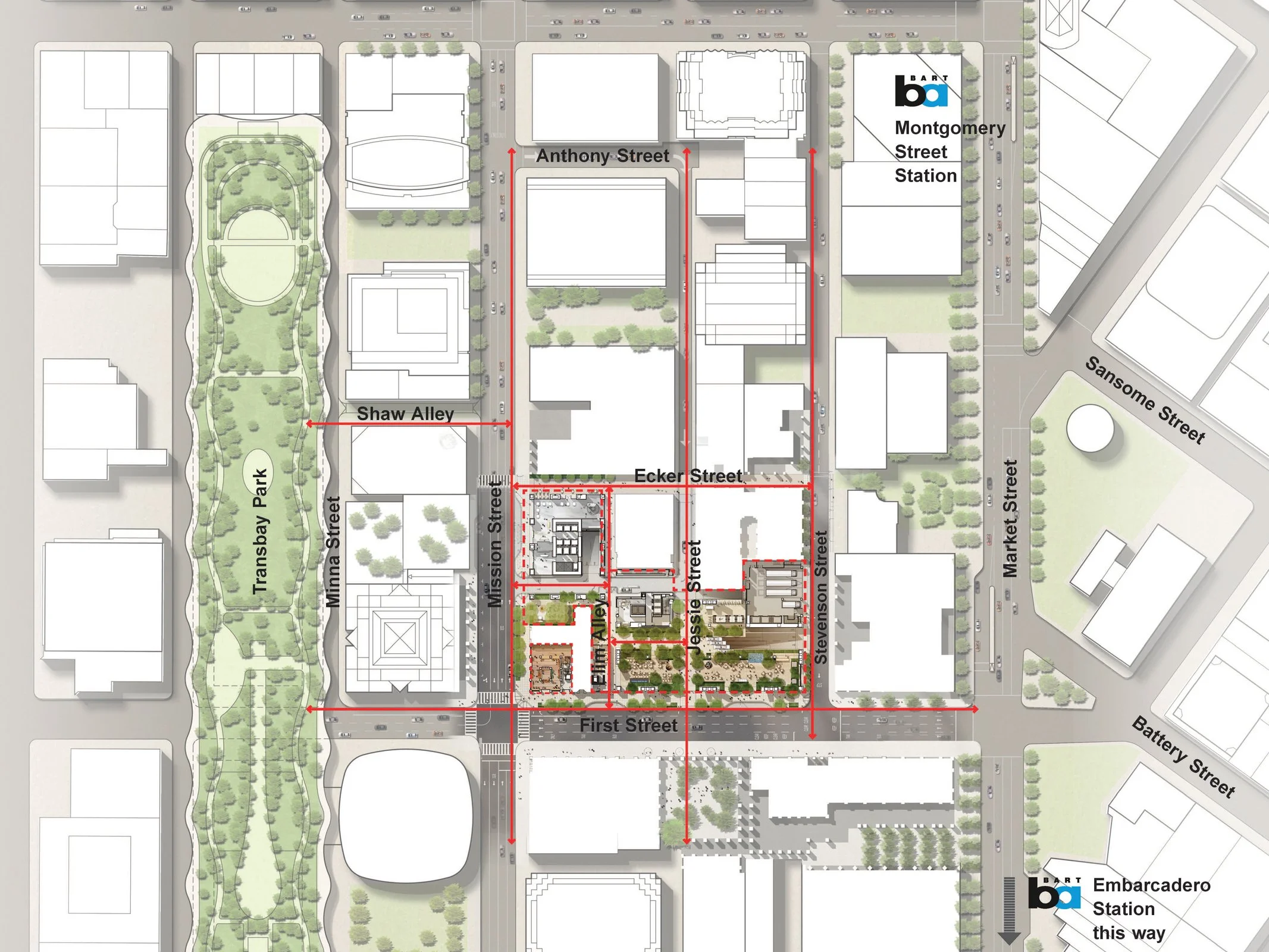 A detailed map showing a city layout with streets, parks, and buildings. Key streets are labeled, including Anthony Street, Montgomery Street, Sarnosme Street, Market Street, Battery Street, and First Street. Notable locations include Transbay Park, 