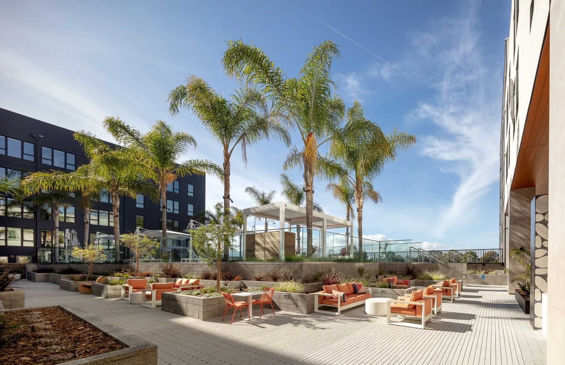 Outdoor lounge area with orange and white seating, surrounded by planters with trees and plants, under palm trees and a clear blue sky.
