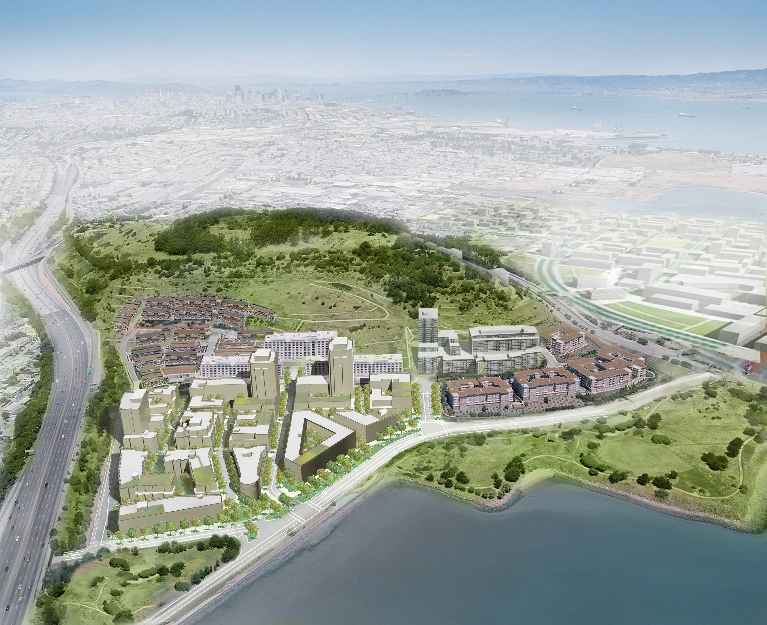 Aerial view of a planned urban development near a body of water, featuring modern buildings, green parks, and roads.