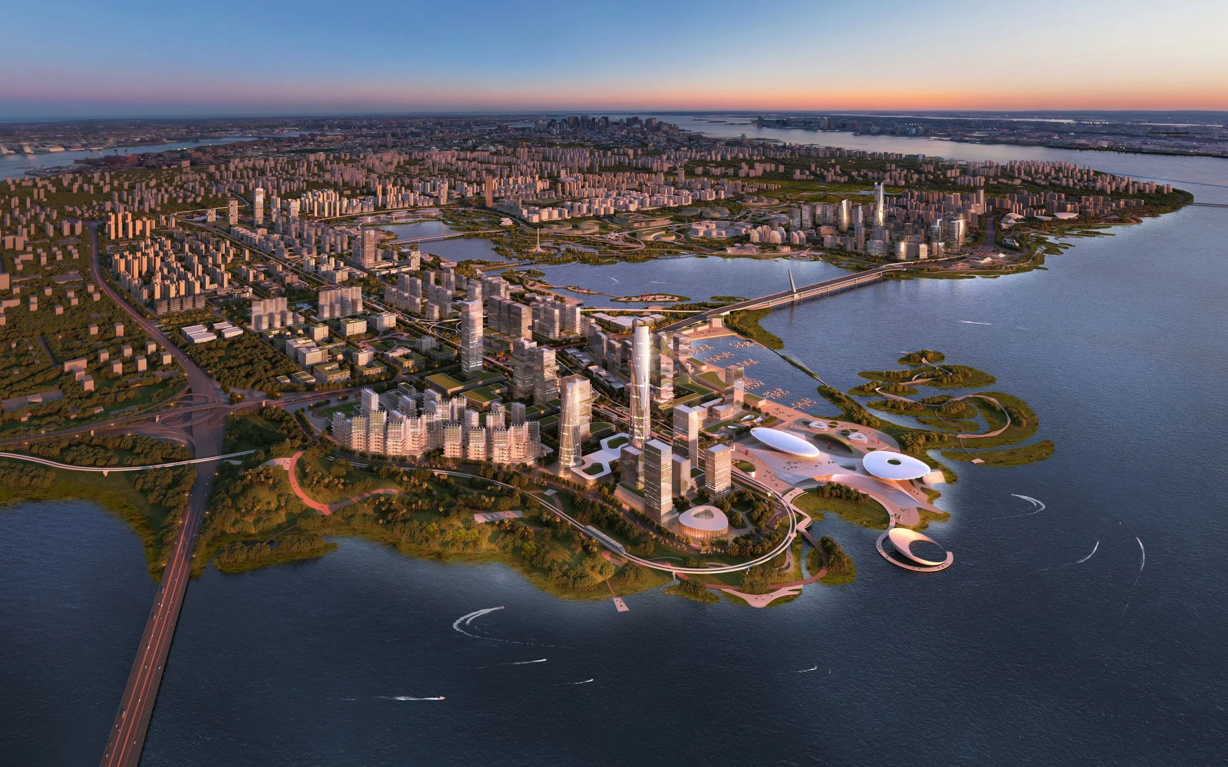 An aerial view of a modern cityscape by the water at sunset, with tall skyscrapers, bridges, parks, and boat activity on the river.