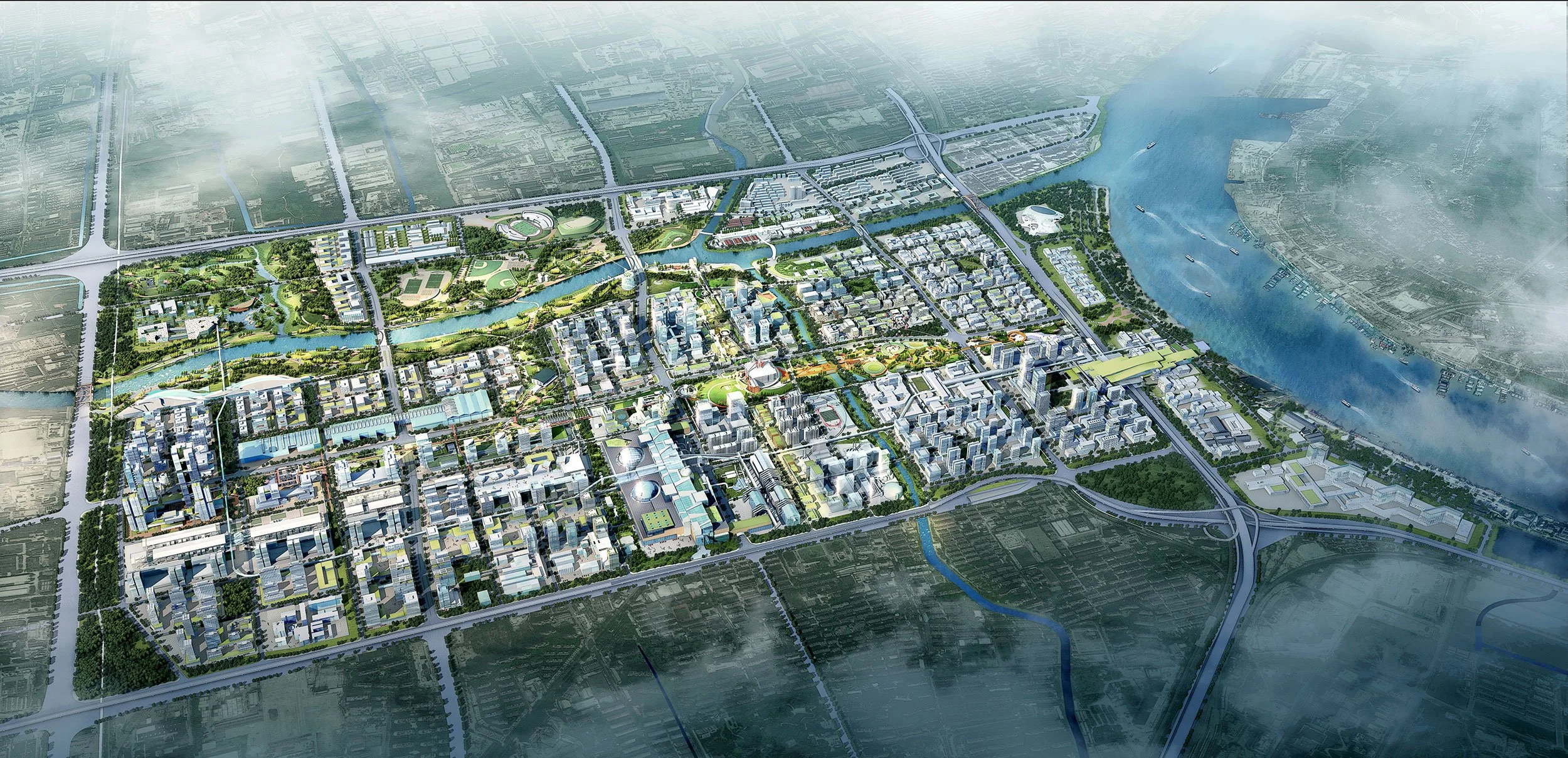 A detailed cityscape plan with high-rise buildings, green spaces, waterways, bridges, and roads viewed from above with a river running through the city.