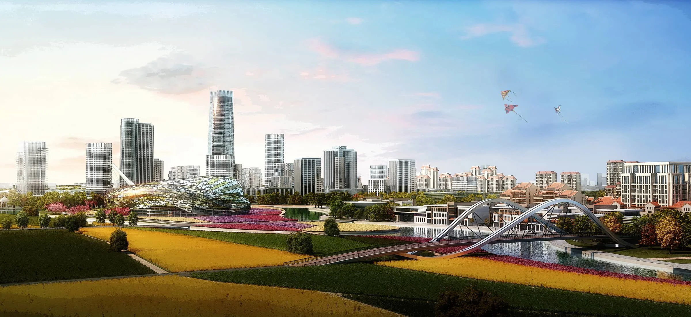 Futuristic cityscape with modern high-rise buildings, a glass-domed structure, a bridge over water, colorful flower beds, and kites flying in a bright sky.