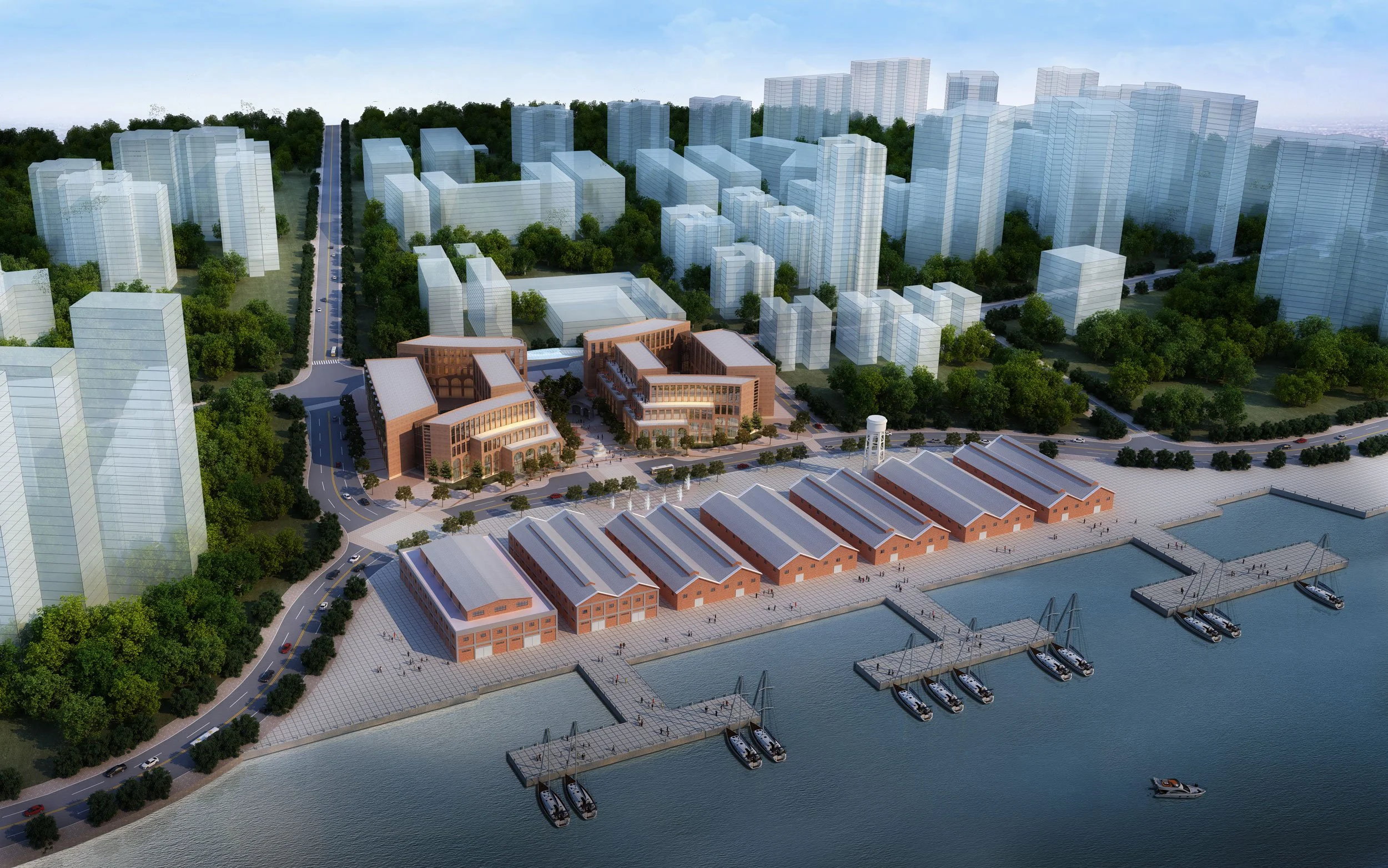A digital rendering of a waterfront urban development with modern buildings, a park, and docks with boats.