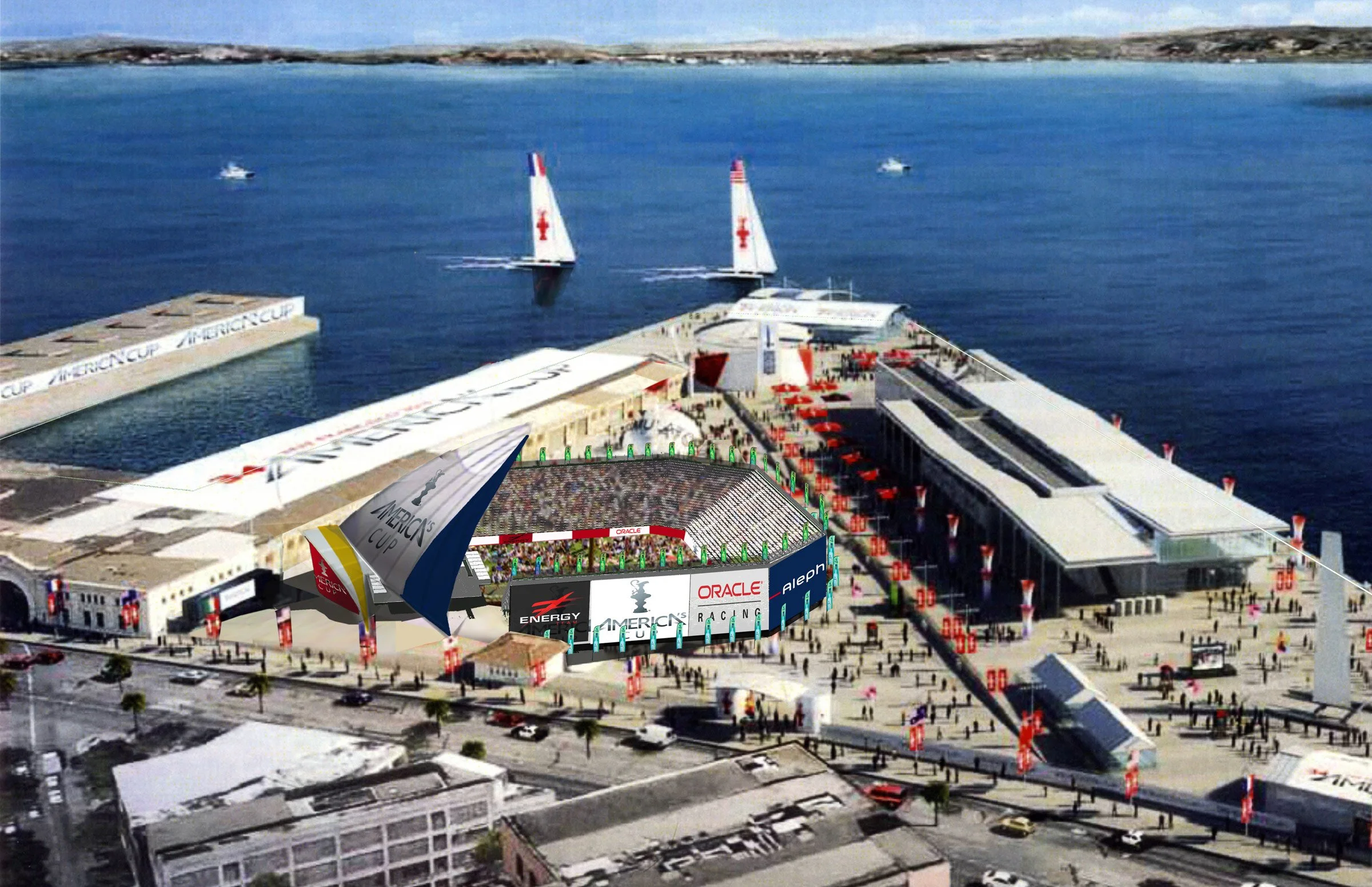Aerial view of the 2023 NTT INDYCAR Series Grand Prix of Monterey at Laguna Seca Raceway, showing the racetrack, grandstands filled with spectators, and the surrounding water, boats, and shoreline.