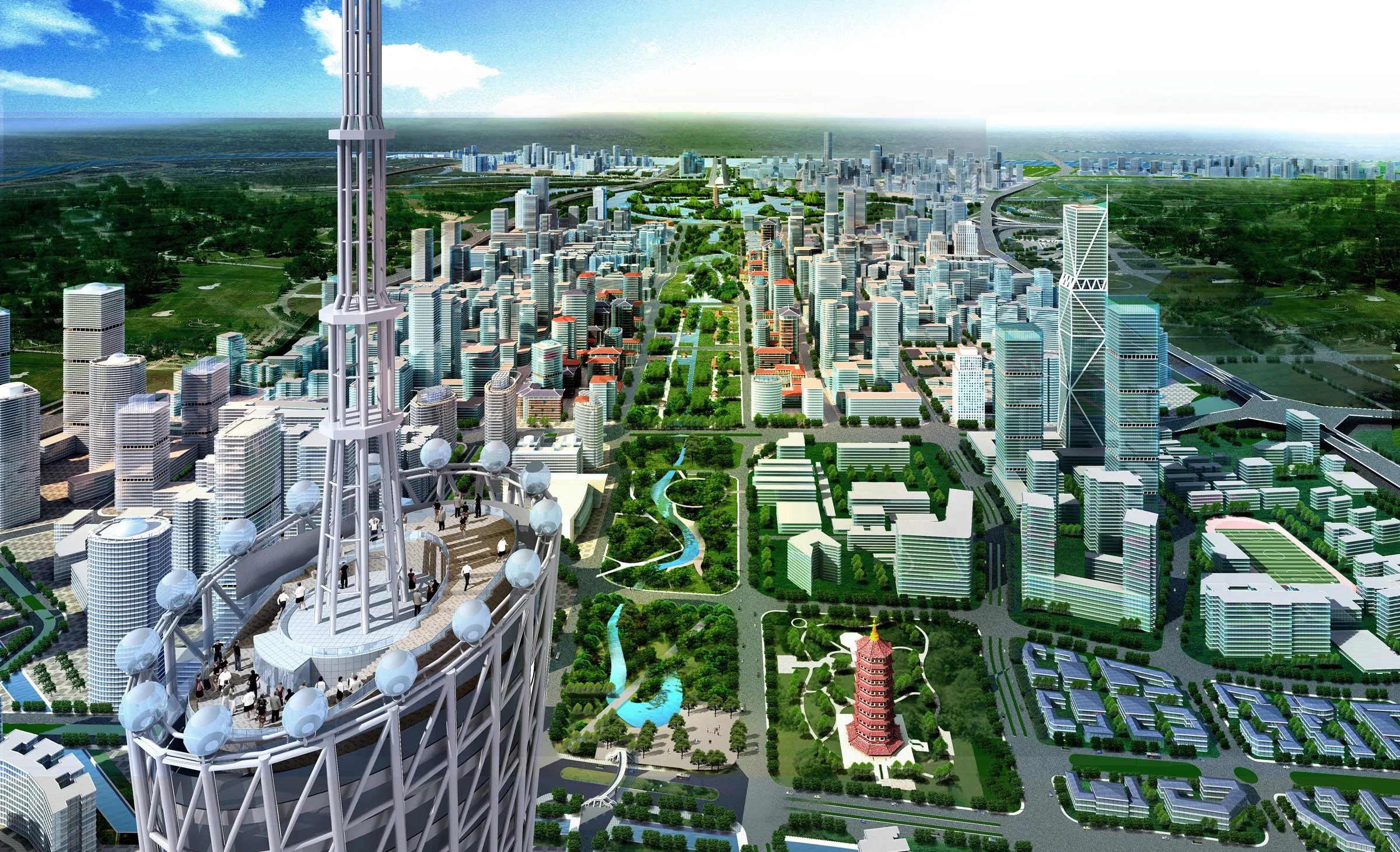 A city skyline with numerous tall skyscrapers, a central park with green lawns, trees, water features, and a traditional pagoda.