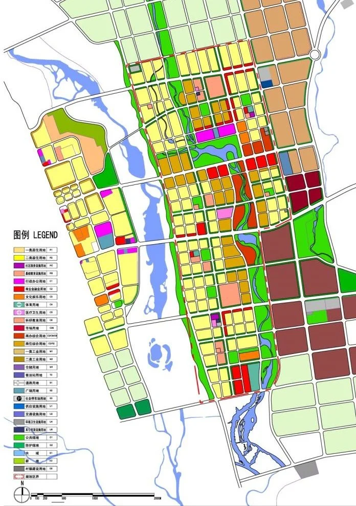 A detailed urban planning map showing various zones, parks, water bodies, and infrastructure elements in a city, with a legend indicating different land use categories.