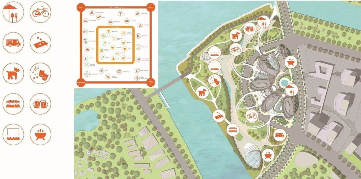 Map of a park or recreational area with icons indicating various amenities like bike paths, playgrounds, boat rentals, music areas, food vendors, and restrooms.