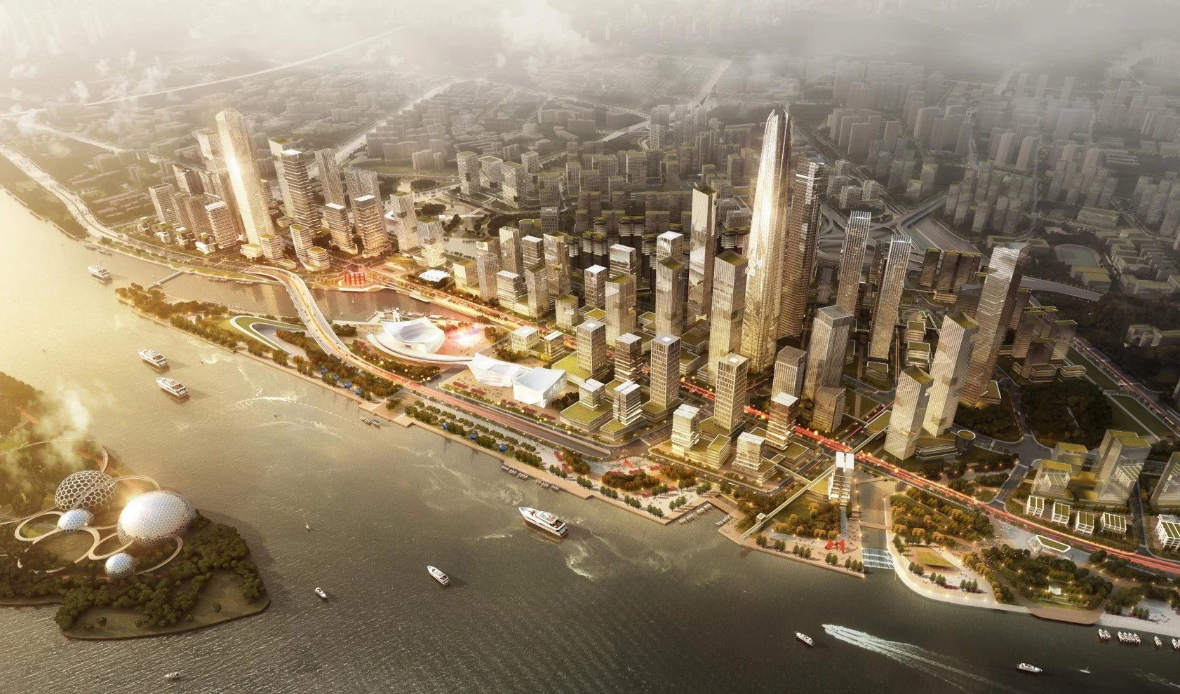 Aerial view of a modern city skyline along a river with multiple boats, high-rise buildings, and futuristic structures, illuminated by sunset light.