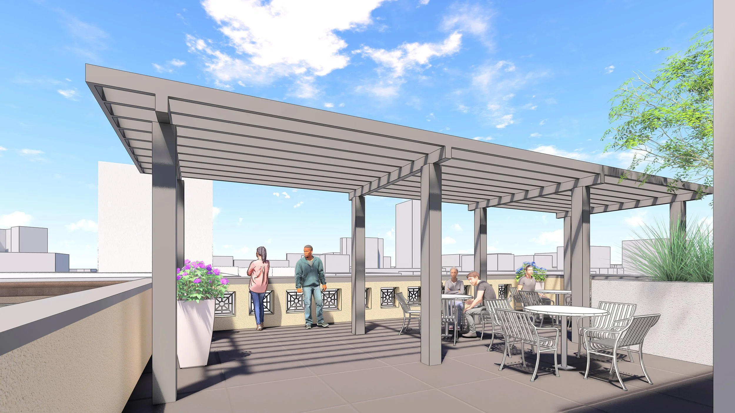 Artists' rendering of a rooftop patio with a modern pergola, seating area, and cityscape background under a partly cloudy sky.