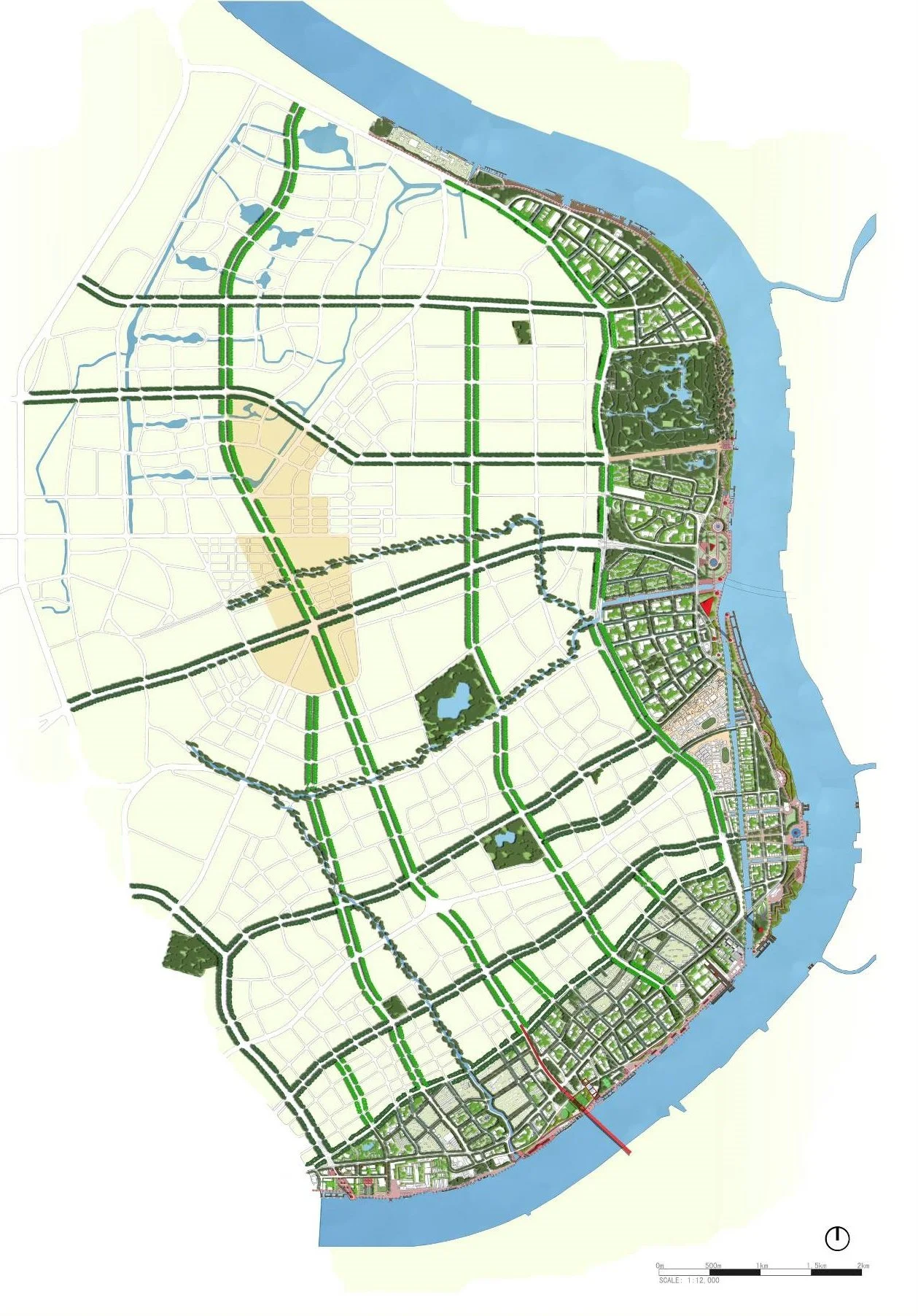 Map of an urban city layout with roads, green spaces, water bodies, and structural districts, including a river along the northern and eastern edges.