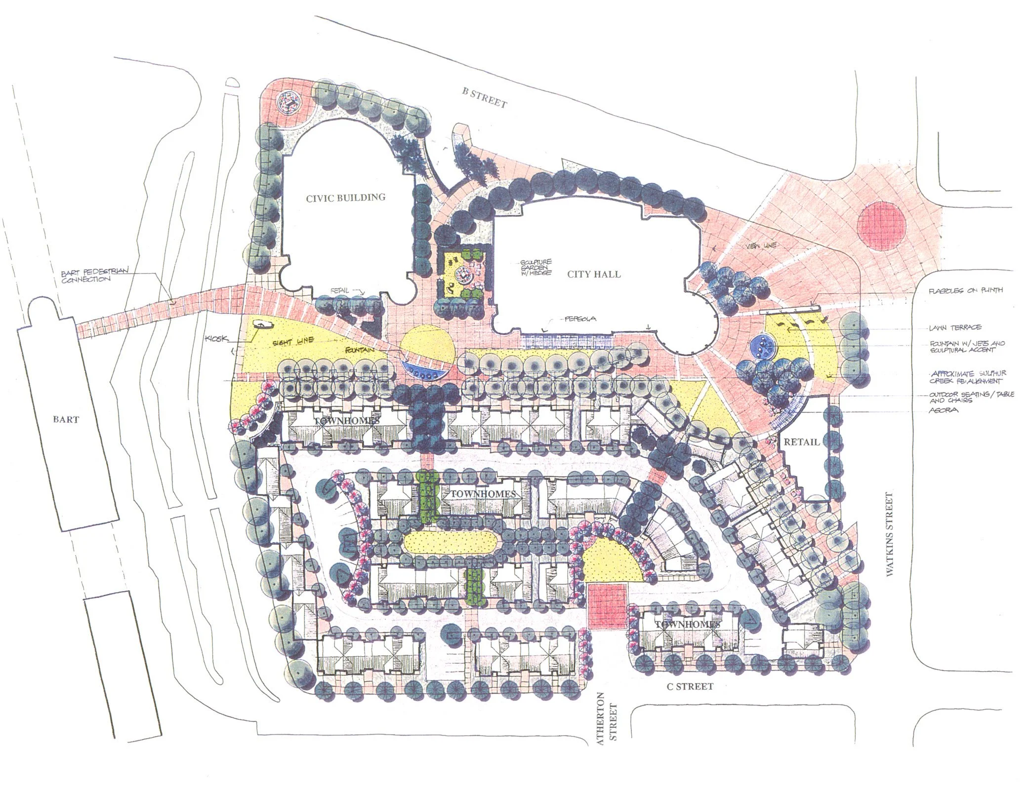 A detailed site plan of a residential community showing buildings, streets, landscaping, and various amenities such as a civic building, city hall, townhomes, retail areas, and recreational spaces.