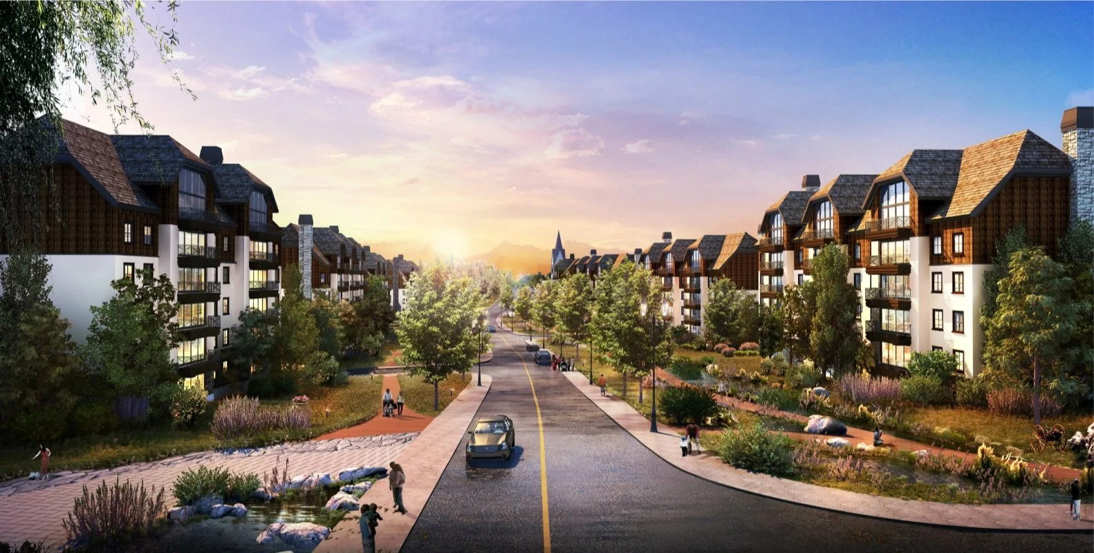 A residential neighborhood during sunset with multi-story apartment buildings on both sides of a tree-lined street, people walking, cars parked, and landscaped gardens.