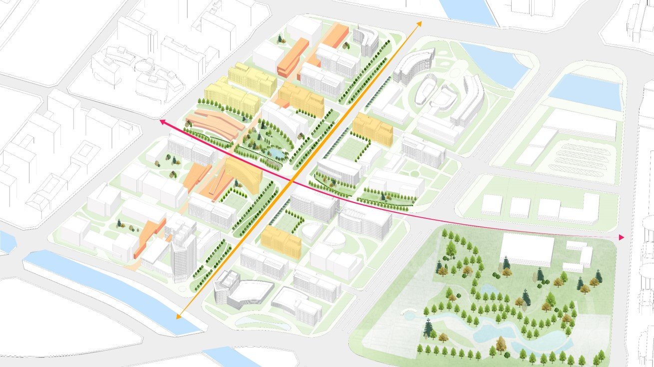 A colorful illustrated map of an urban development with roads, buildings, and green spaces including parks and water features, viewed from above.