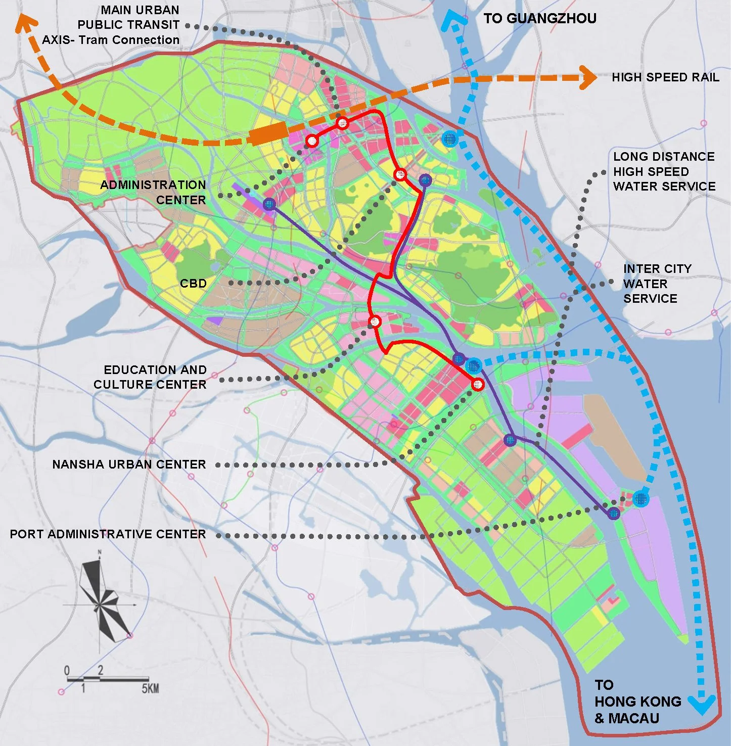 Map of an urban area with transportation routes including high-speed rail, tram, water services, and roads, highlighting infrastructure projects and centers.