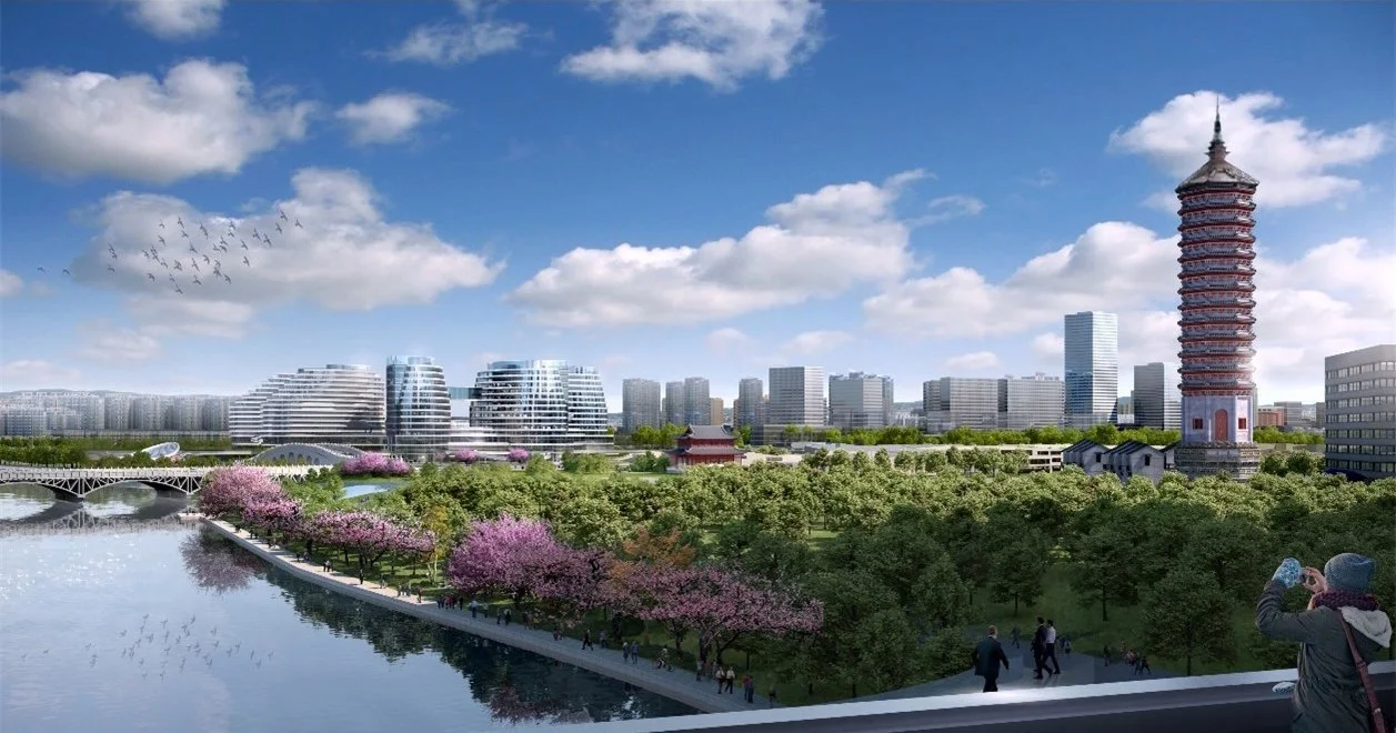 A city skyline featuring modern buildings, a tall traditional pagoda, a river with a bridge, and a park with cherry blossom trees. People are walking and taking photos.