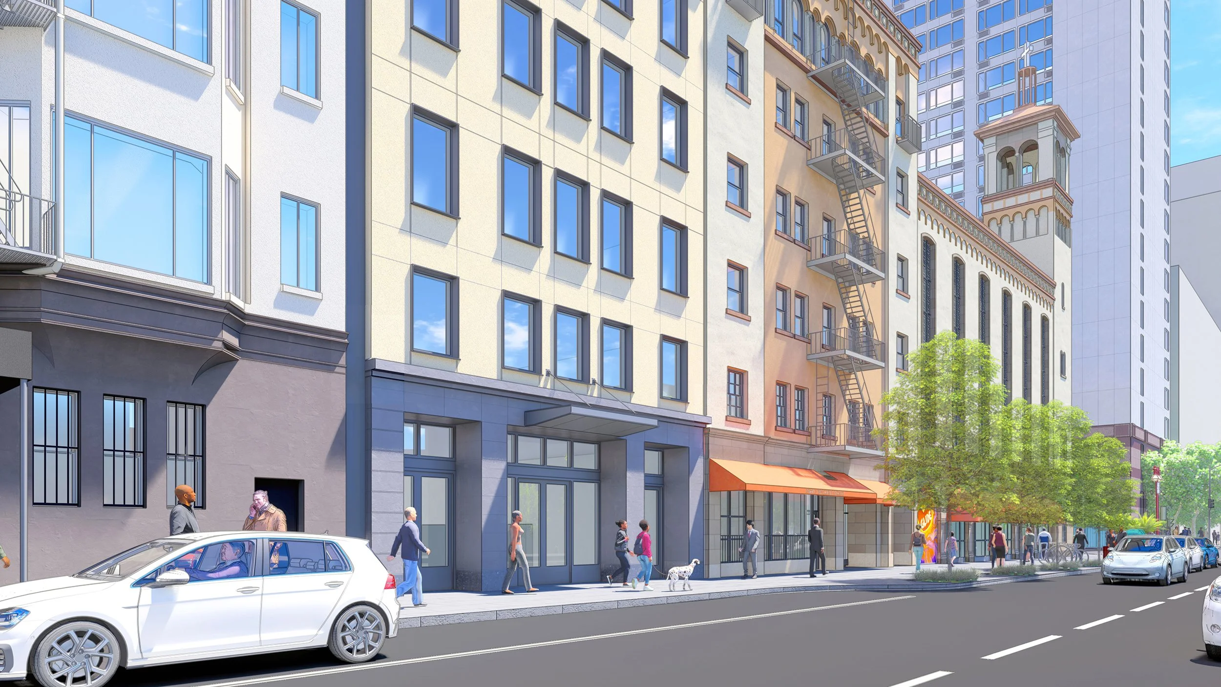 City street scene featuring multi-story buildings with large windows, people walking on the sidewalk, cars parked and driving, a green tree, and a small business storefront with an orange awning.