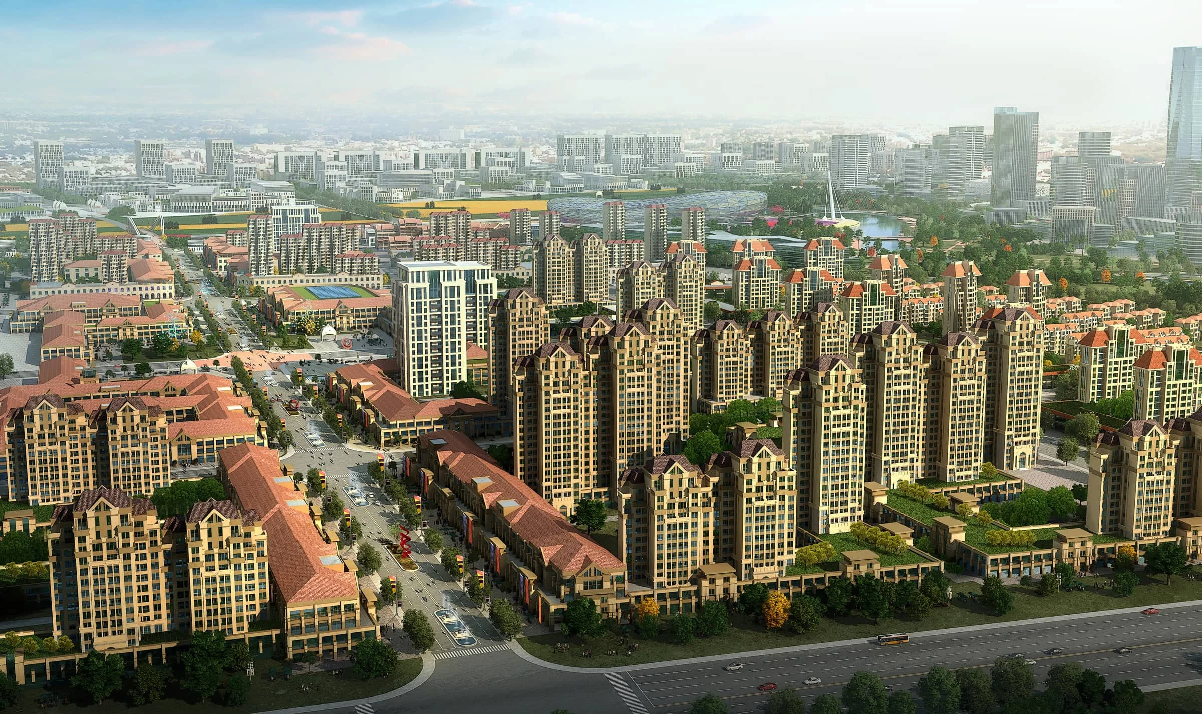 A digital rendering of a modern cityscape showcasing numerous high-rise residential and commercial buildings, wide streets with vehicles, green parks, and a distant skyline under a partly cloudy sky.