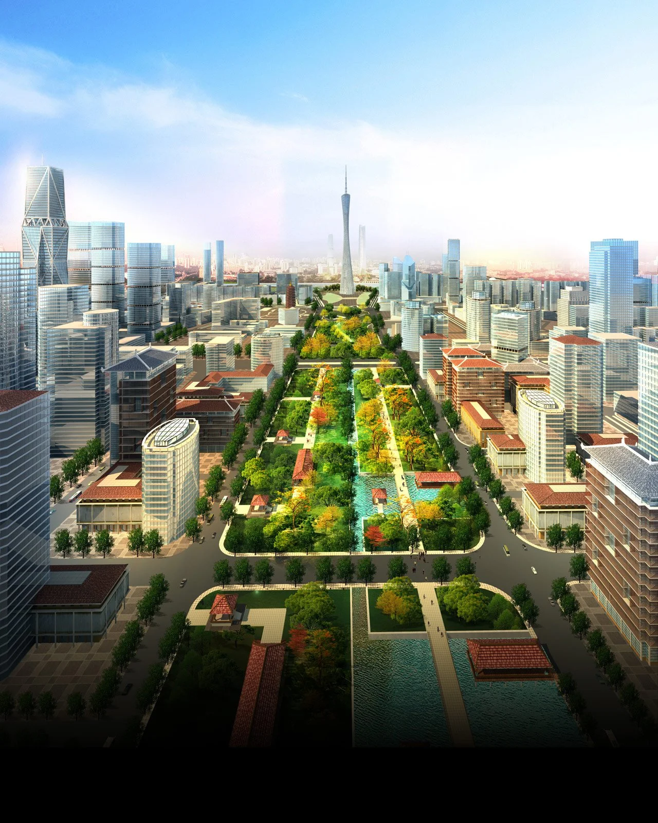 A cityscape with a large park running through the center, surrounded by modern high-rise buildings under a clear blue sky.