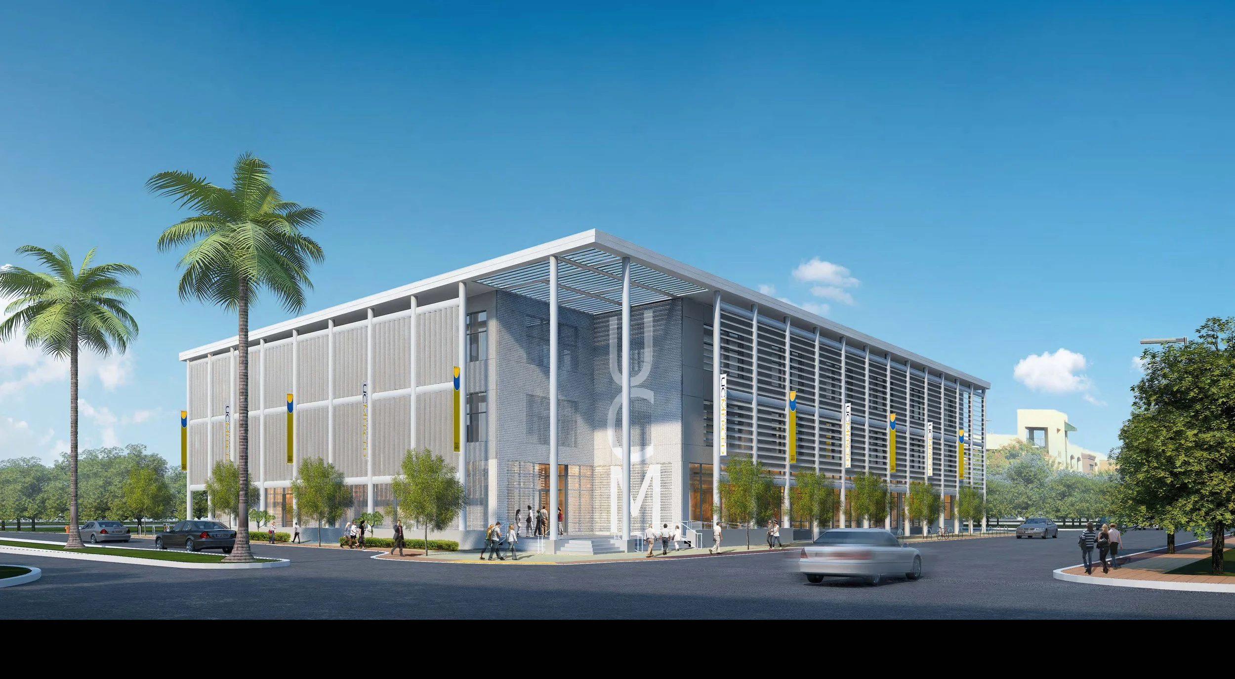 A modern university building with a large 