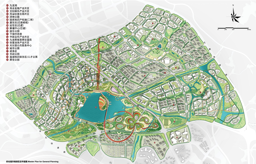A detailed master plan map of a city, showing parks, lakes, roads, buildings, and various zones labeled in Chinese, with a north compass and scale bar.