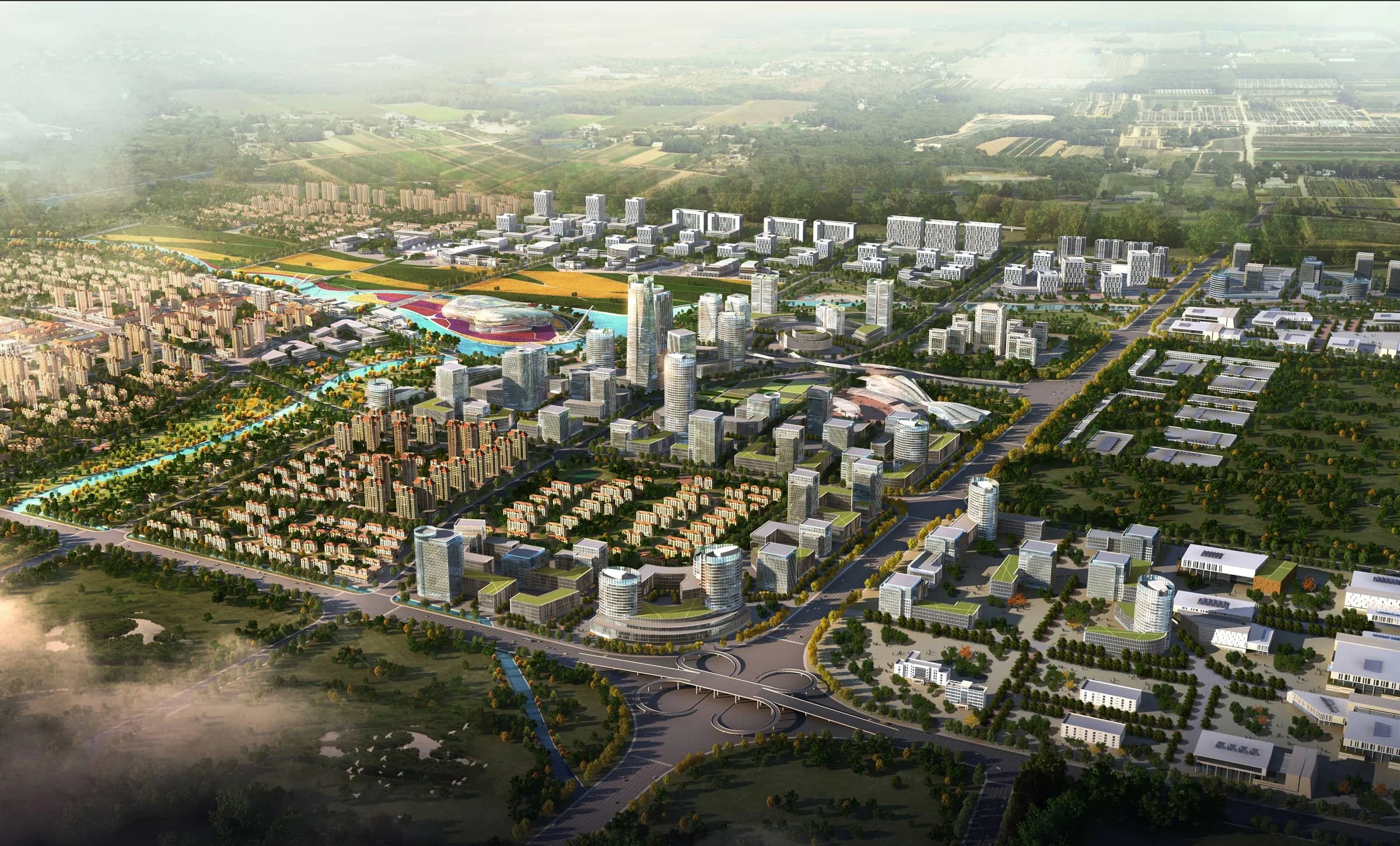 A detailed aerial rendering of a modern cityscape featuring numerous high-rise buildings, residential areas, green spaces, and a prominent stadium with surrounding roads and infrastructure.