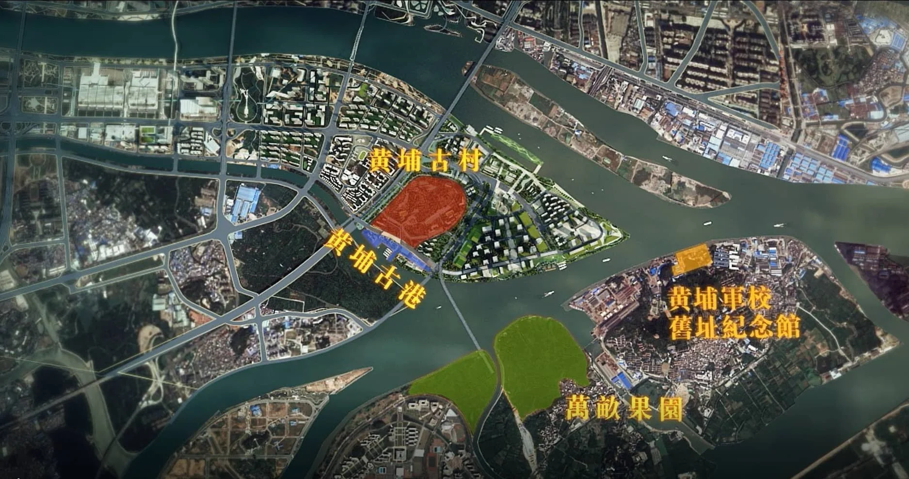 Map of a city with Chinese labels, showing areas around a waterway, including parks and a memorial, with areas highlighted in red and green.