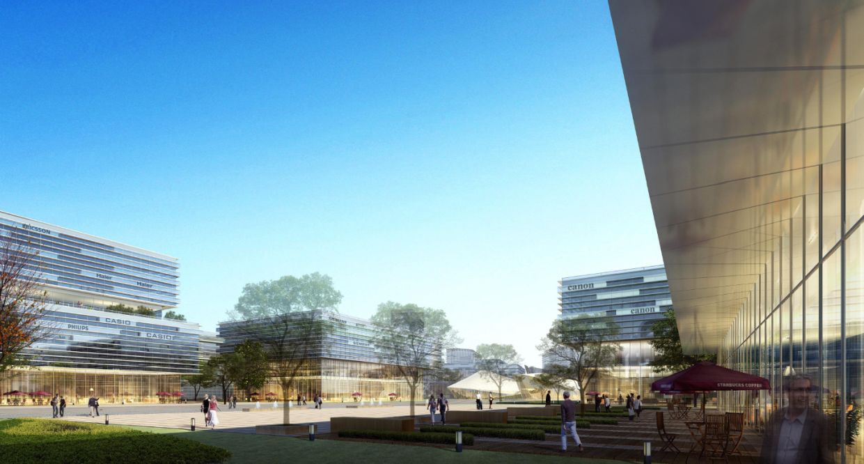 Modern commercial complex with glass buildings featuring brand logos like Canon, Philips, Casio, Ericsson, and Haier, outdoor seating, trees, and people walking in a spacious courtyard.