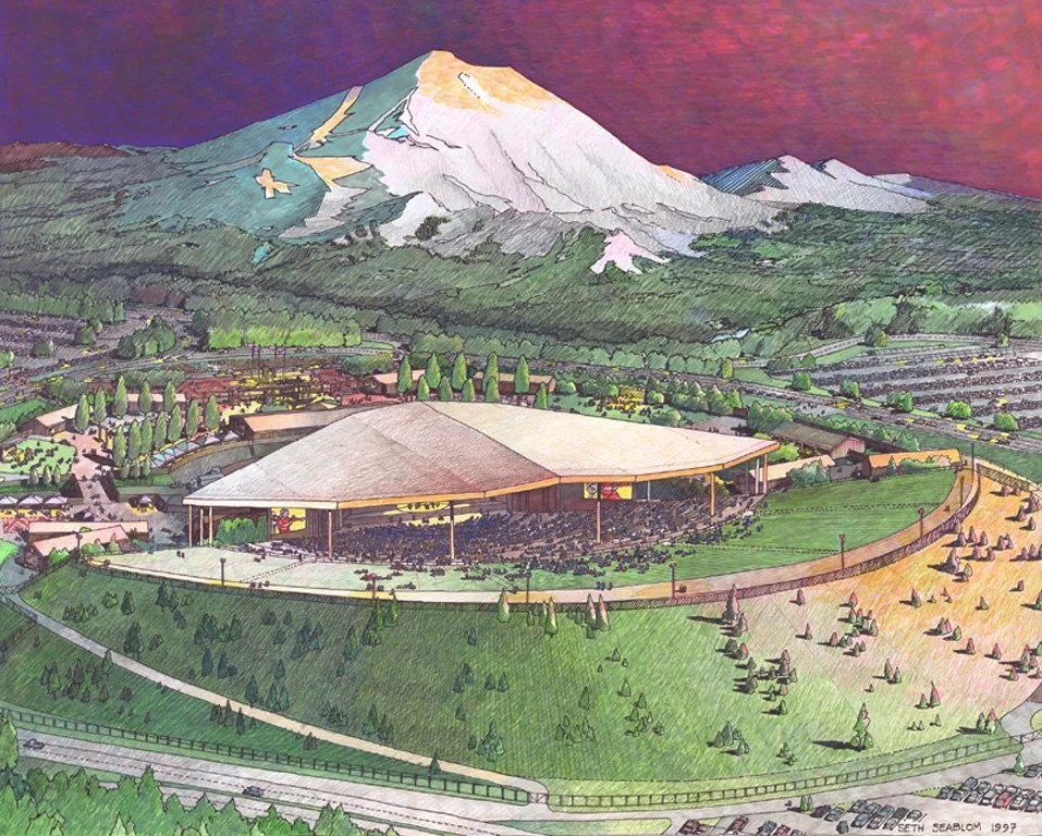 Illustration of Mount Fuji with a snow-capped peak, and a modern concert stadium with a large, curved roof in foreground, surrounded by green parks and trees, under a colorful sunset sky.