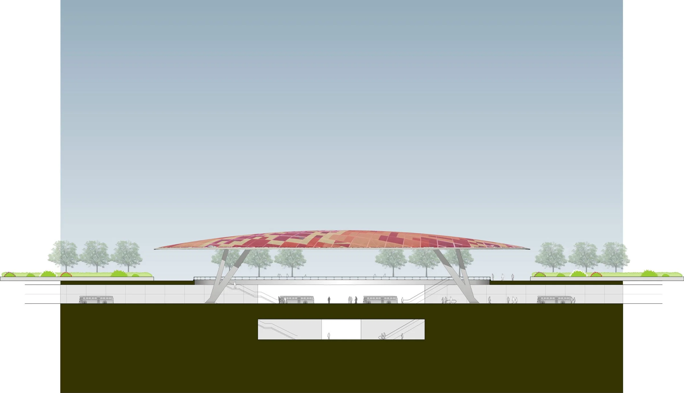 Architectural drawing of a large, modern, circular building with a curved, patterned roof and supporting angled columns, set in a landscaped area with trees and walkways.