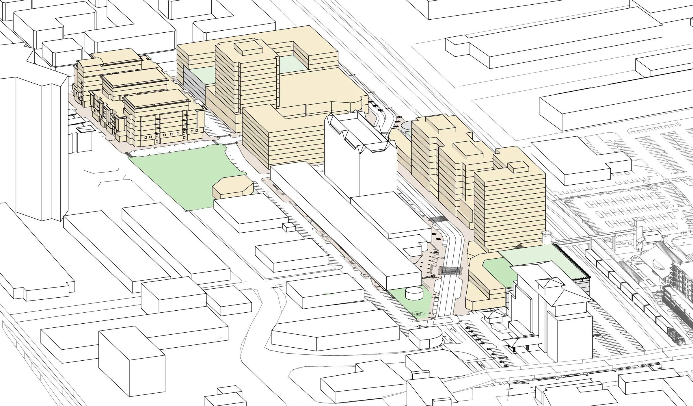 A detailed architectural site plan of a city block, showing multiple multi-story buildings, green spaces, parking lots, streets, and an adjacent train station.