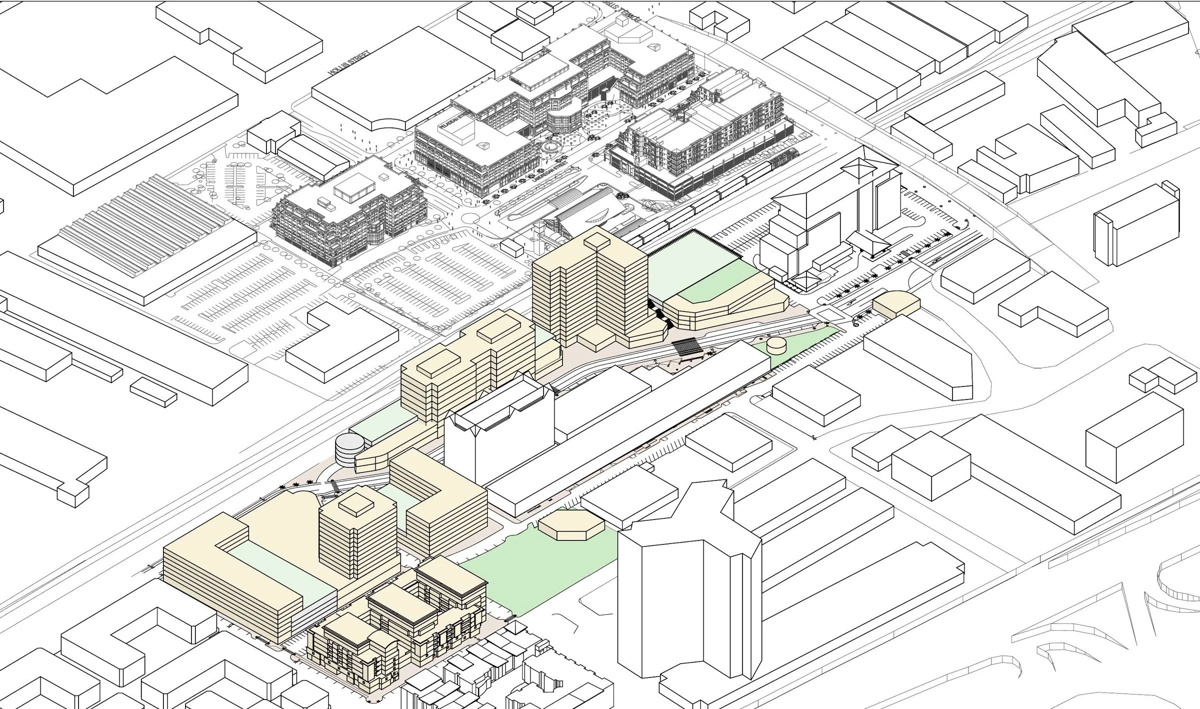 A detailed architectural illustration of a city block showing various buildings, roads, parking lots, and green spaces, with some buildings highlighted in light colors for emphasis.