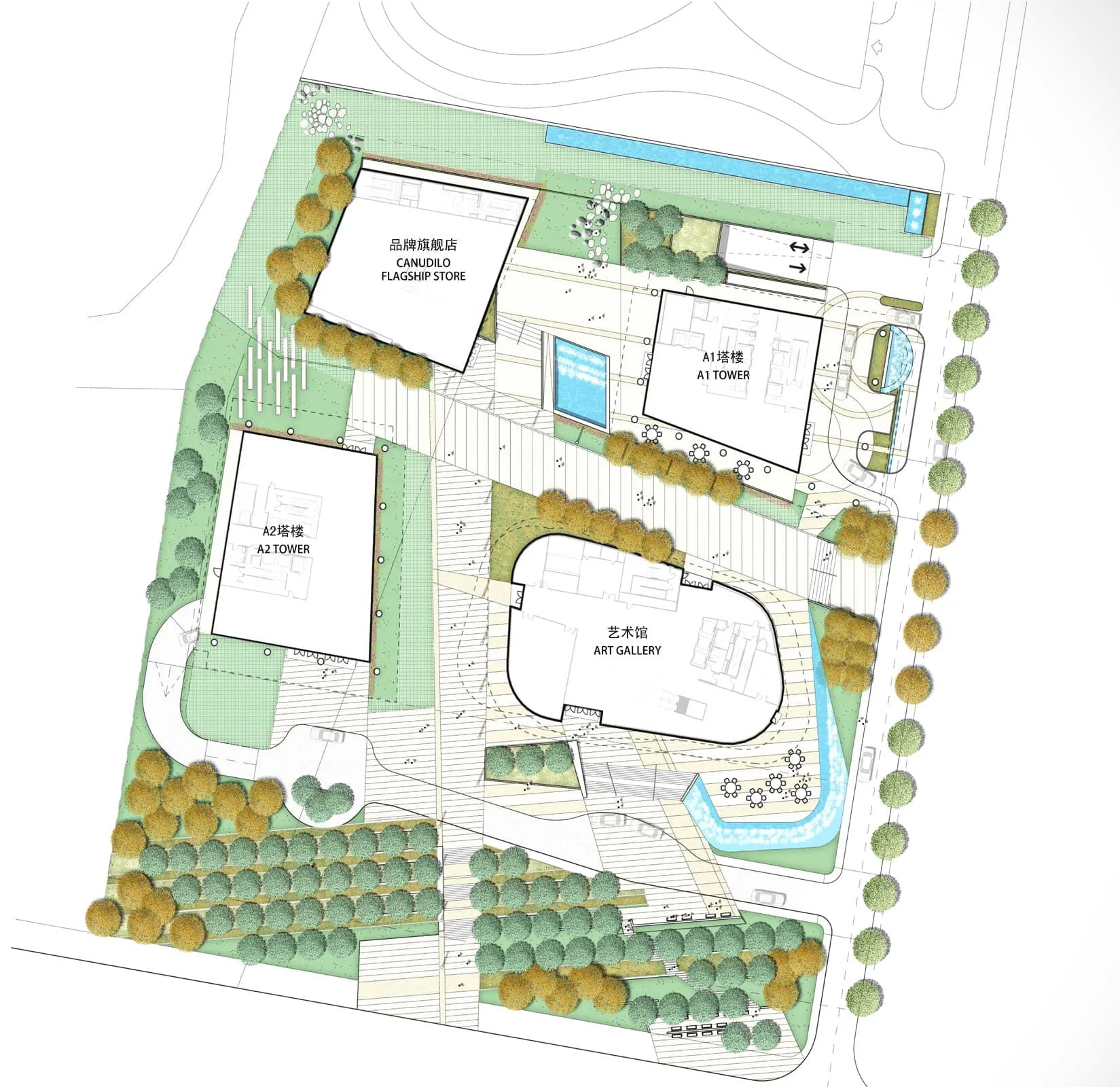 Site plan with labeled buildings including an art gallery, two towers, and a flagship store. The plan shows pathways, water features, and landscaped areas with trees.