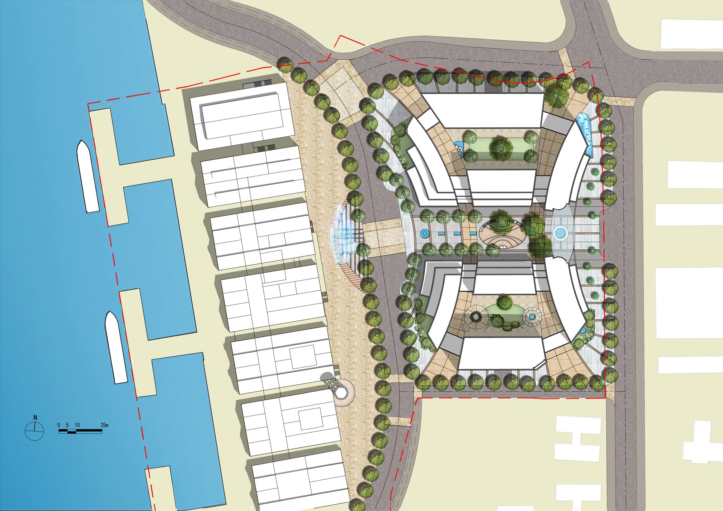 A detailed architectural site plan showing a development with buildings, water features, trees, and roads, including a waterfront with docked boats and an island.