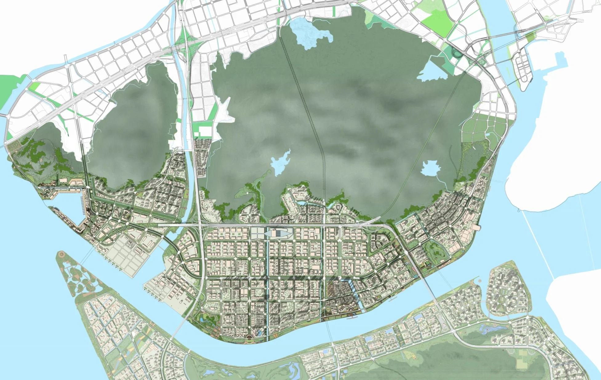 Map displaying an urban area with a large central park, roads, water bodies, and smaller neighborhoods around the park.