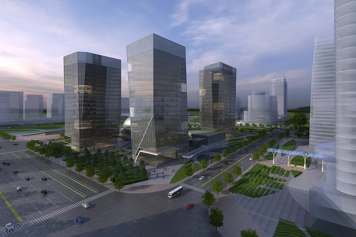 A computer-generated rendering of a modern cityscape with tall glass office buildings, green parks, roads, and parking lots.