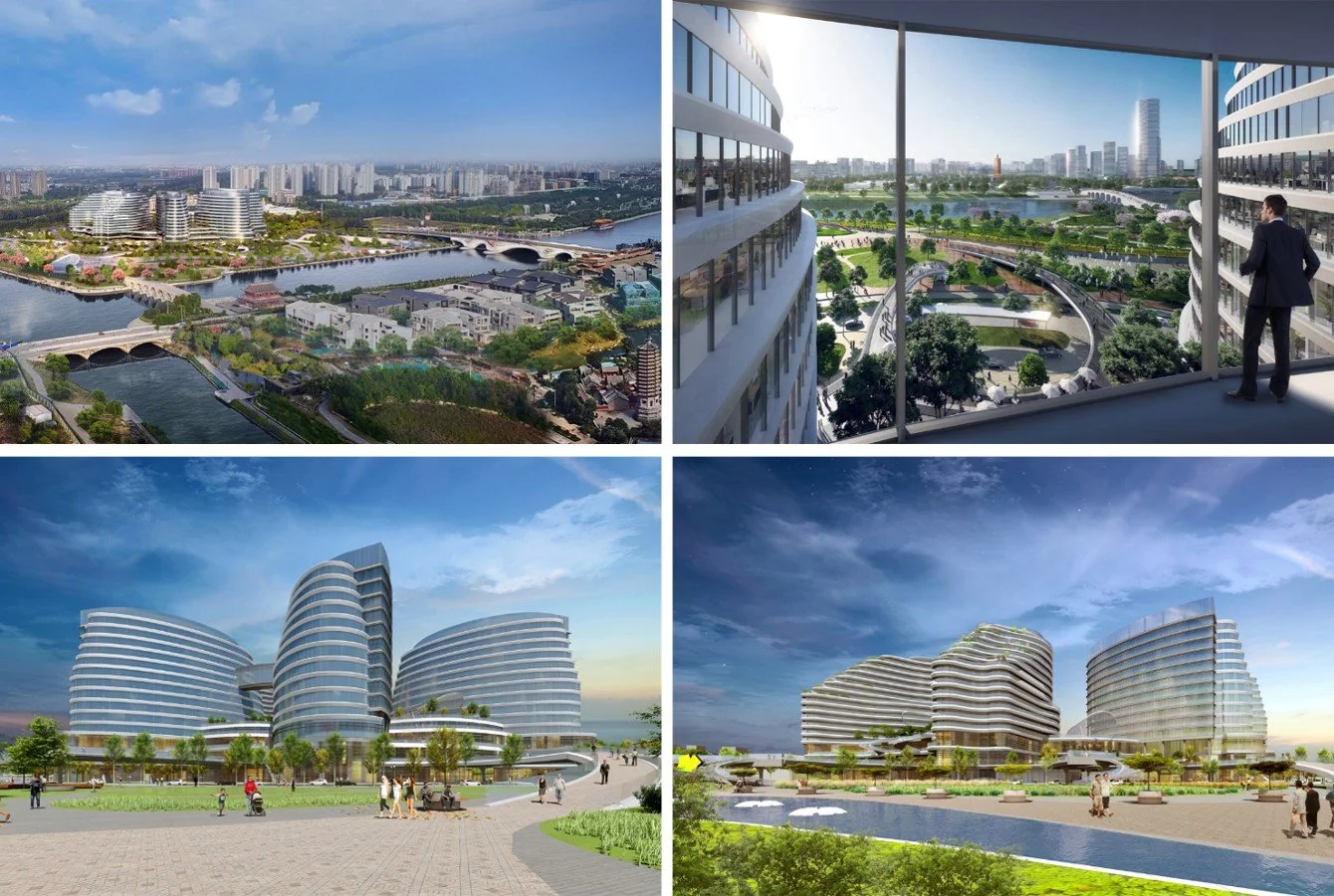 Four images showing urban development projects. The top left is a cityscape with a river and bridges; the top right is a person on a balcony overlooking a city park; the bottom left shows a modern architectural building with curved glass facades; the