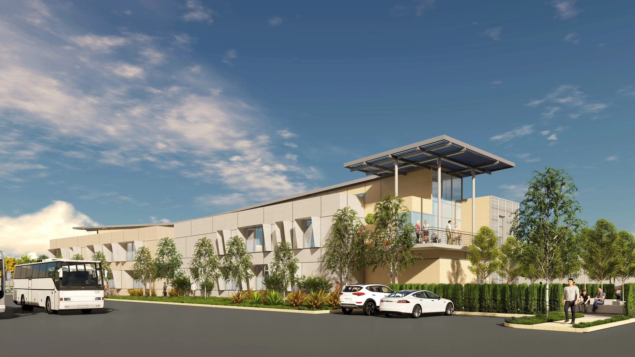 Rendering of a modern, multi-story building with an outdoor seating area, surrounded by trees, parked cars, and people walking and sitting in a landscaped outdoor space against a blue sky with clouds.