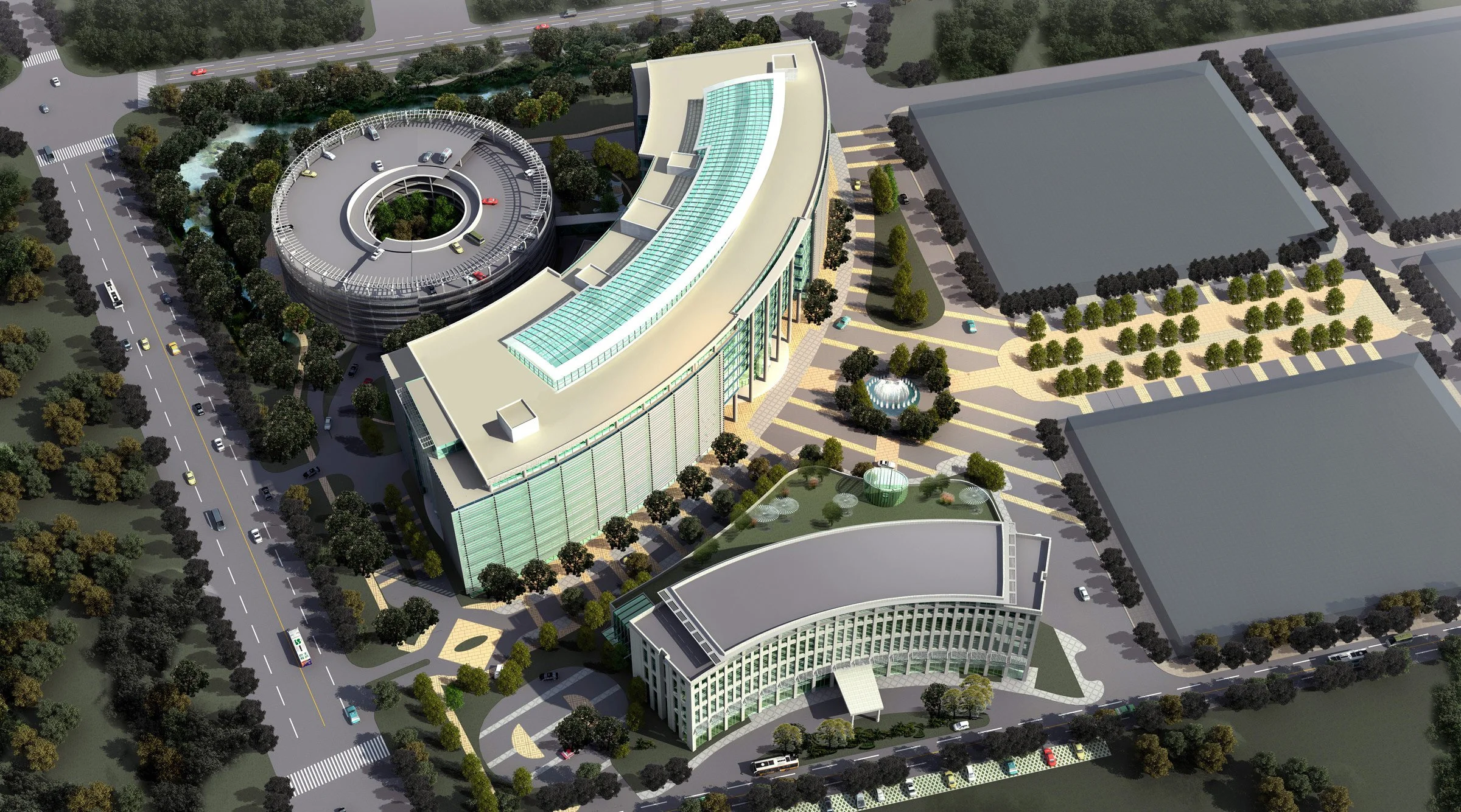 Aerial view of a modern office complex with two curved buildings, landscaped parks, and parking lots.