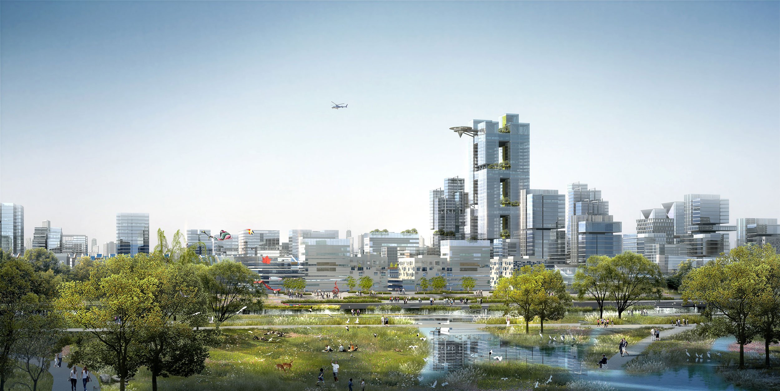 A modern city skyline with tall glass buildings, a river with greenery and pedestrians in the foreground, and an airplane flying in the sky.