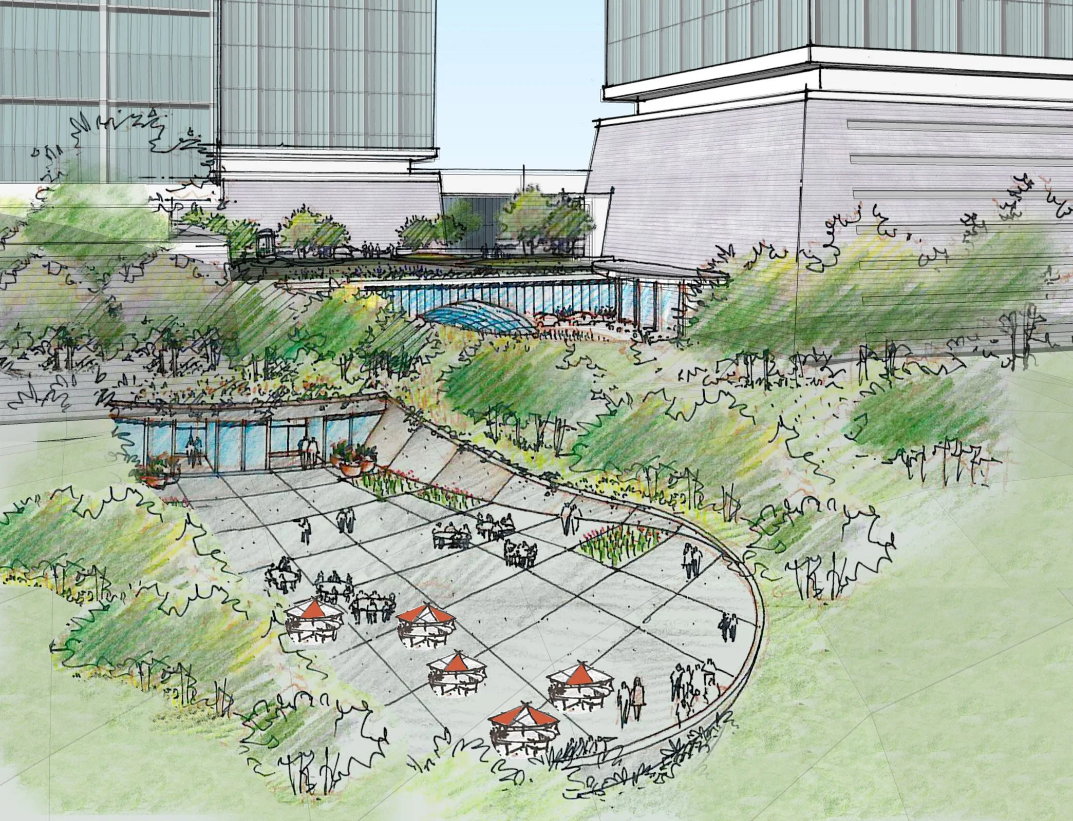 A colorful architectural sketch of an outdoor urban space with trees, greenery, and a plaza. The plaza has tables with umbrellas and is situated in front of modern buildings.