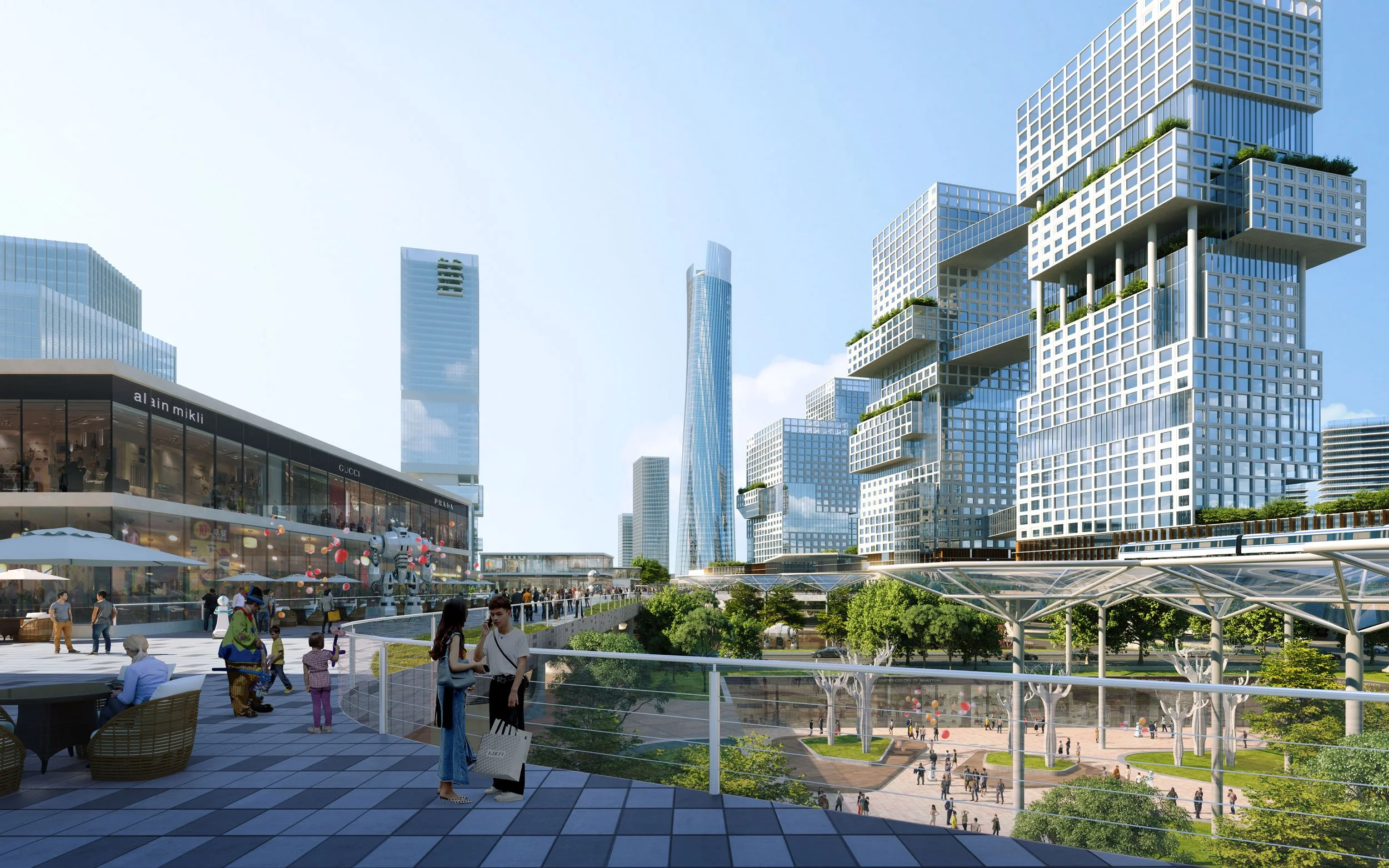 Futuristic cityscape with high-rise buildings featuring modern architecture and greenery, a shopping mall, people walking and socializing in an open plaza, and a park with trees and a canopy.