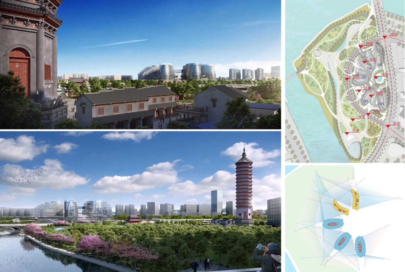 Renderings of a park with traditional Chinese architecture and modern buildings, including a tall pagoda, along with site plans and landscaping layouts.