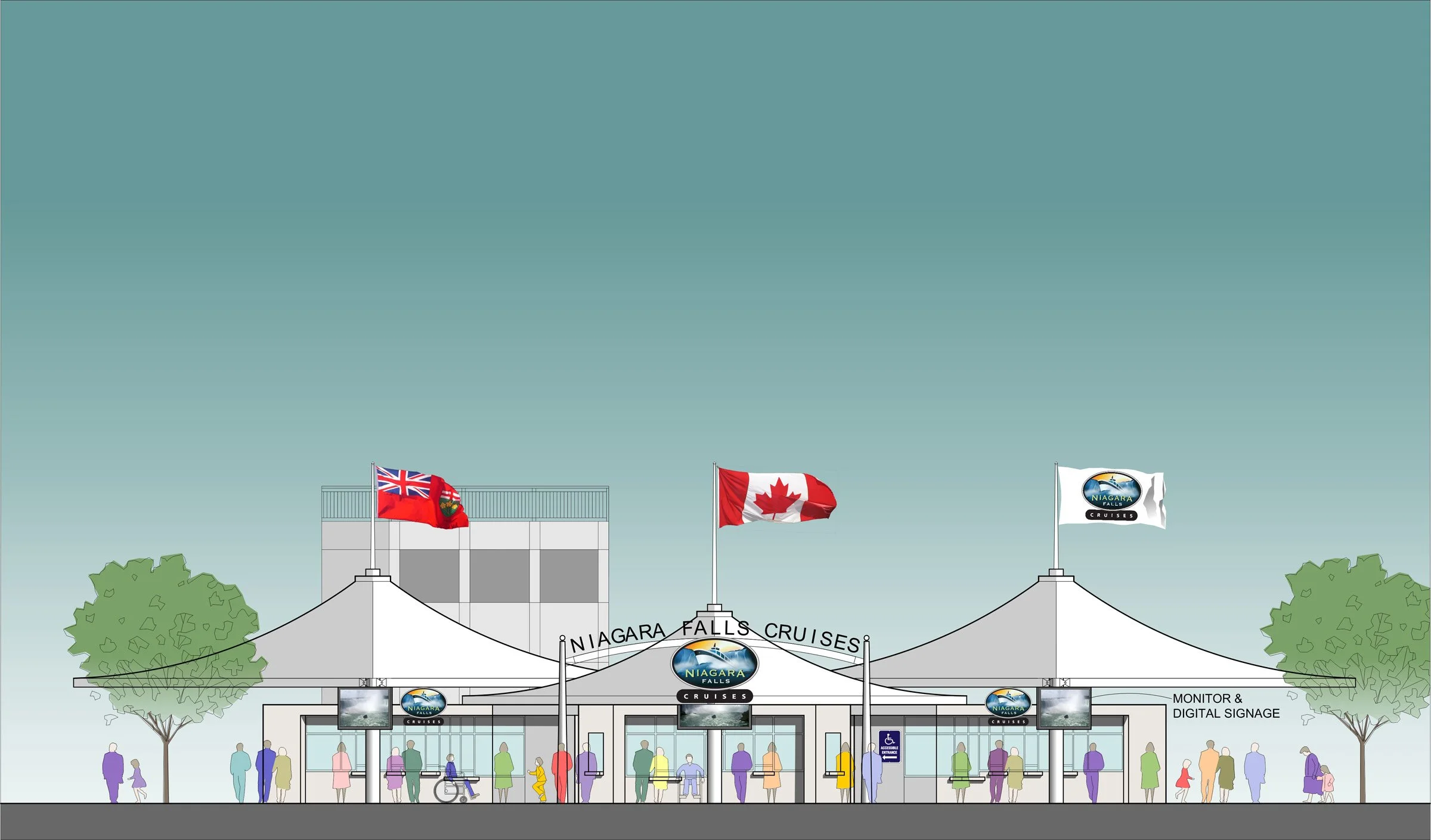 Illustration of Niagara Falls Cruises building with three flags in front, people walking by and trees on either side.