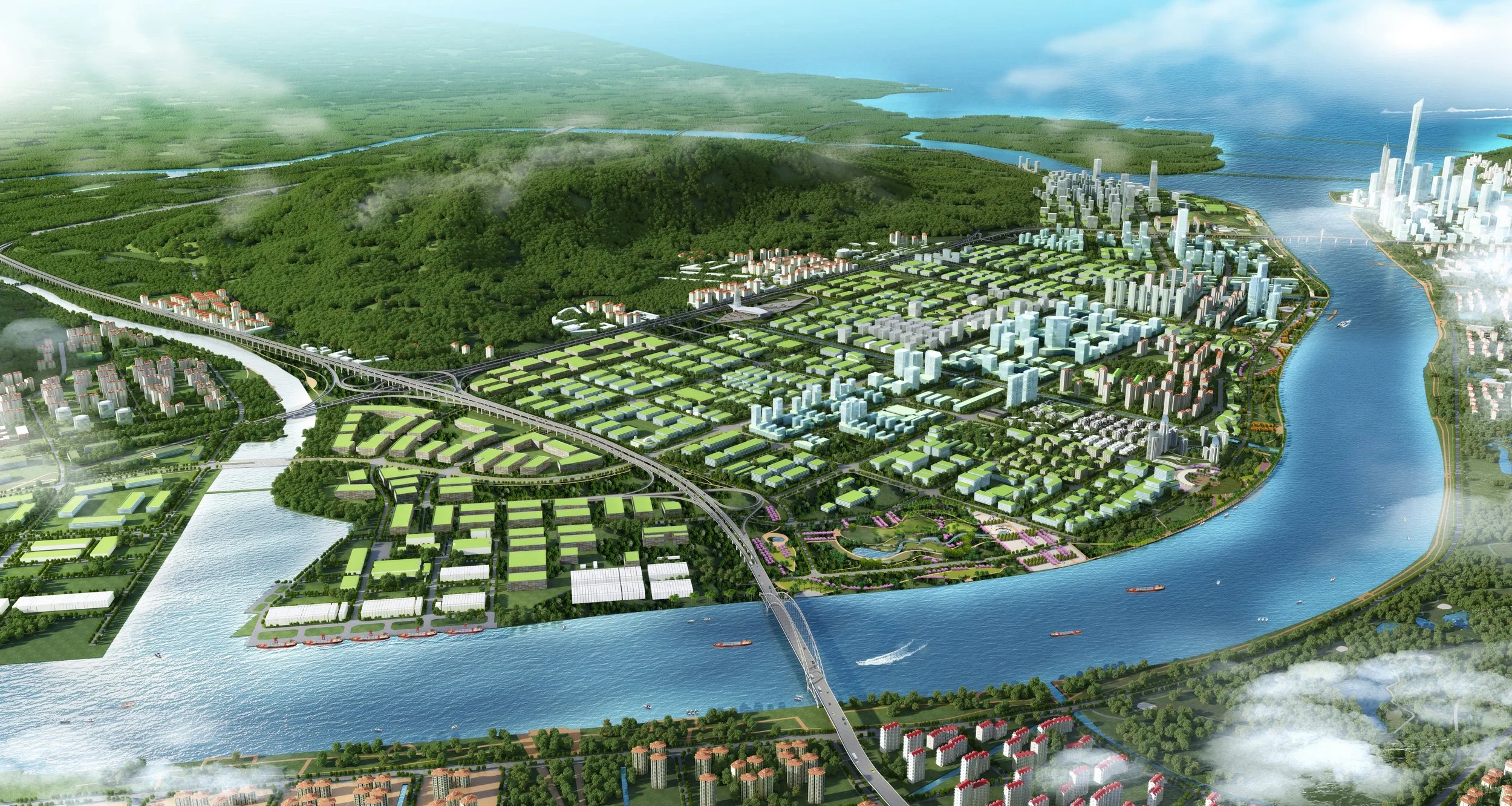 A detailed aerial illustration of a city and waterfront with green spaces, rivers, bridges, and various buildings, including high-rise structures near the water and a forested area in the background.