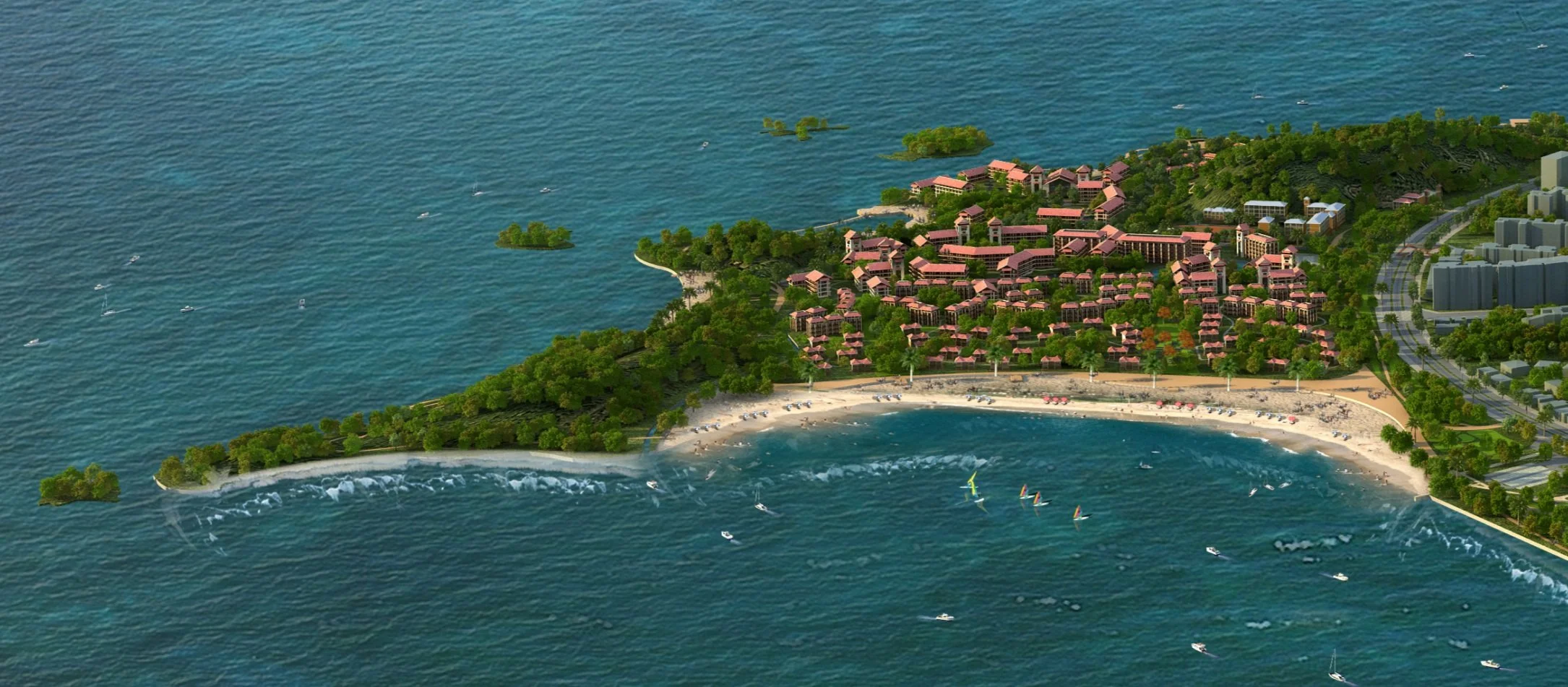 Aerial view of a coastal resort with a sandy beach, several sailboats and watercraft in the water, and a hillside with numerous buildings surrounded by greenery.